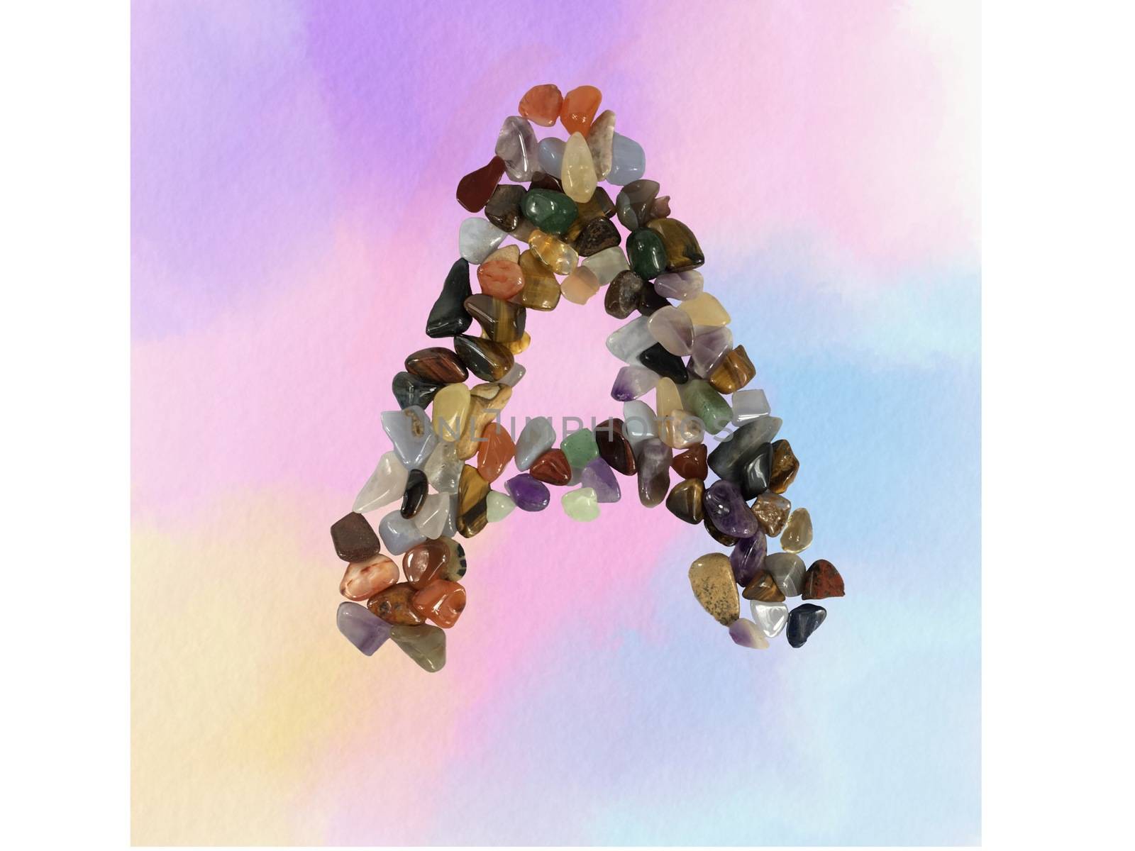 Letter A made of colorful various gemstones  on watercolor background.