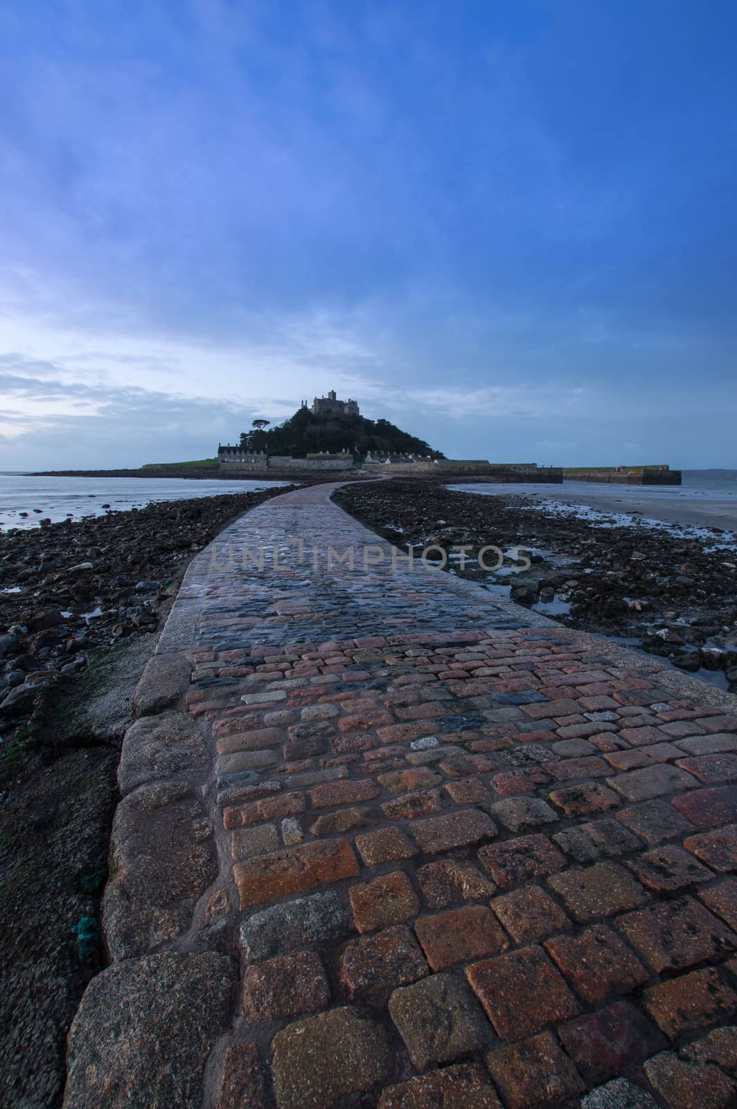 Portrait view of the causeway leading up to St Michael's Mount, Marazion, West Cornwall