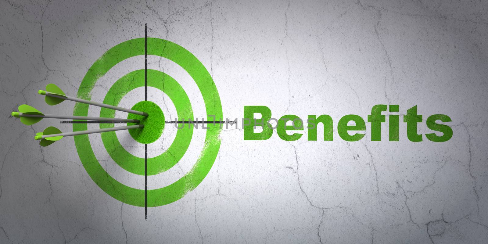 Success business concept: arrows hitting the center of target, Green Benefits on wall background, 3D rendering