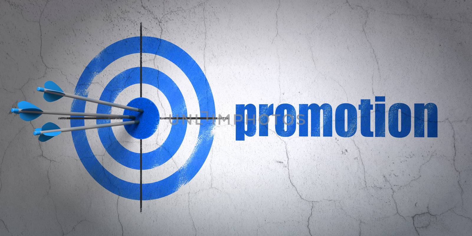 Success advertising concept: arrows hitting the center of target, Blue Promotion on wall background, 3D rendering