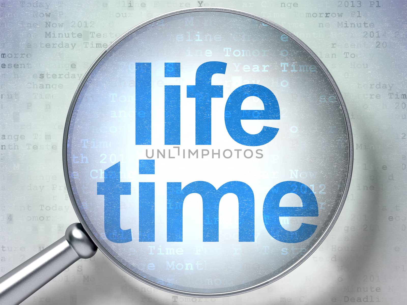 Timeline concept: magnifying optical glass with words Life Time on digital background, 3D rendering
