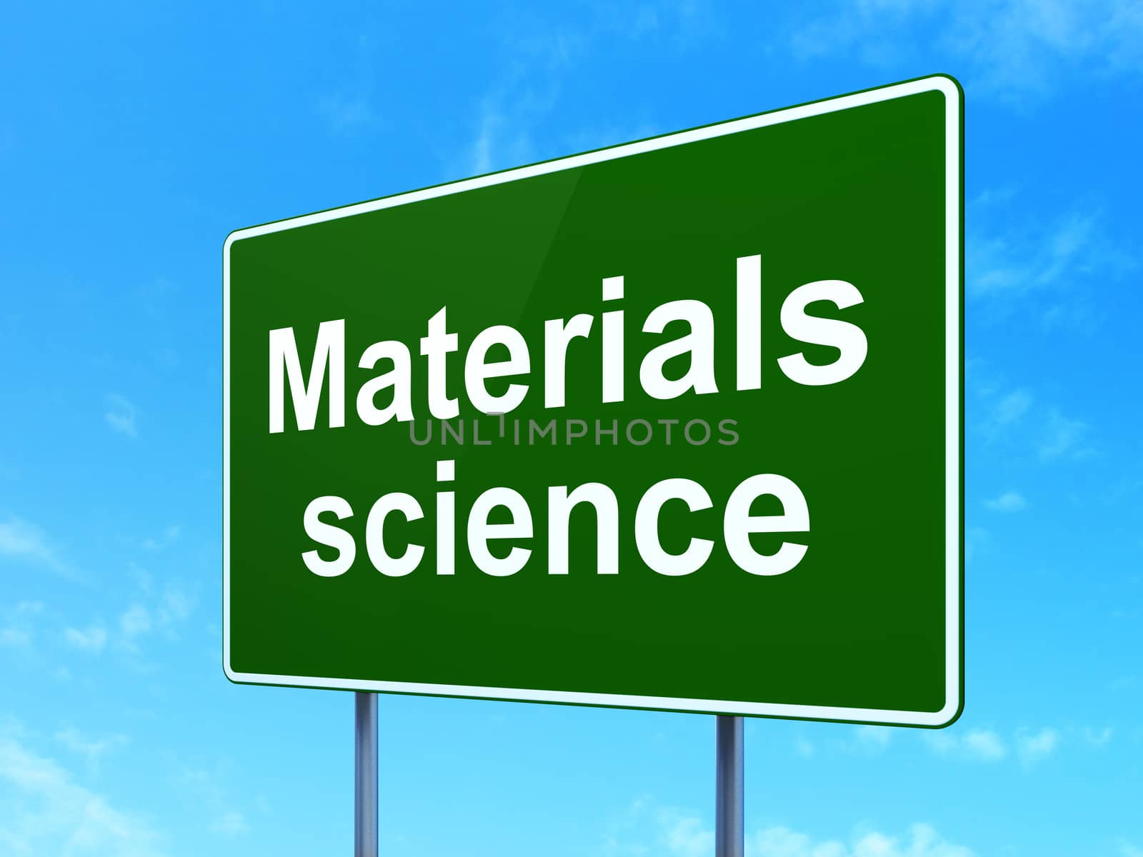 Science concept: Materials Science on green road highway sign, clear blue sky background, 3D rendering