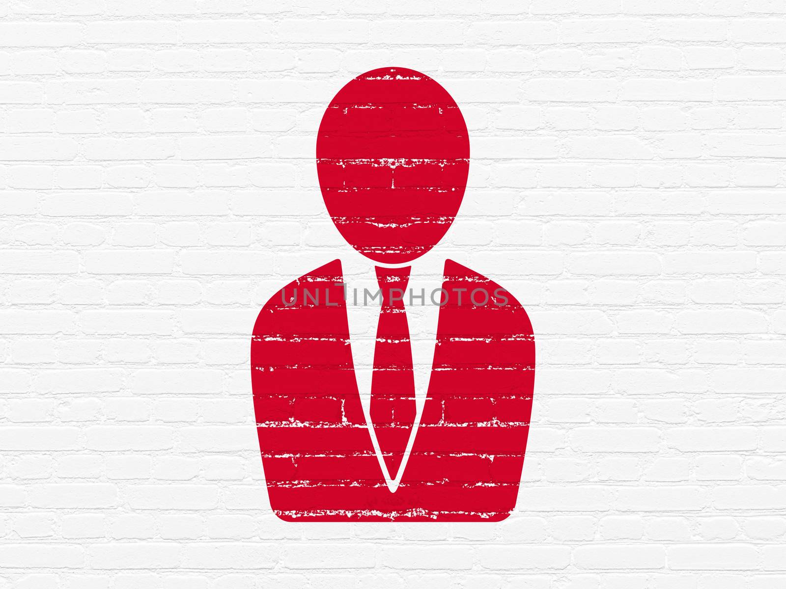 News concept: Painted red Business Man icon on White Brick wall background