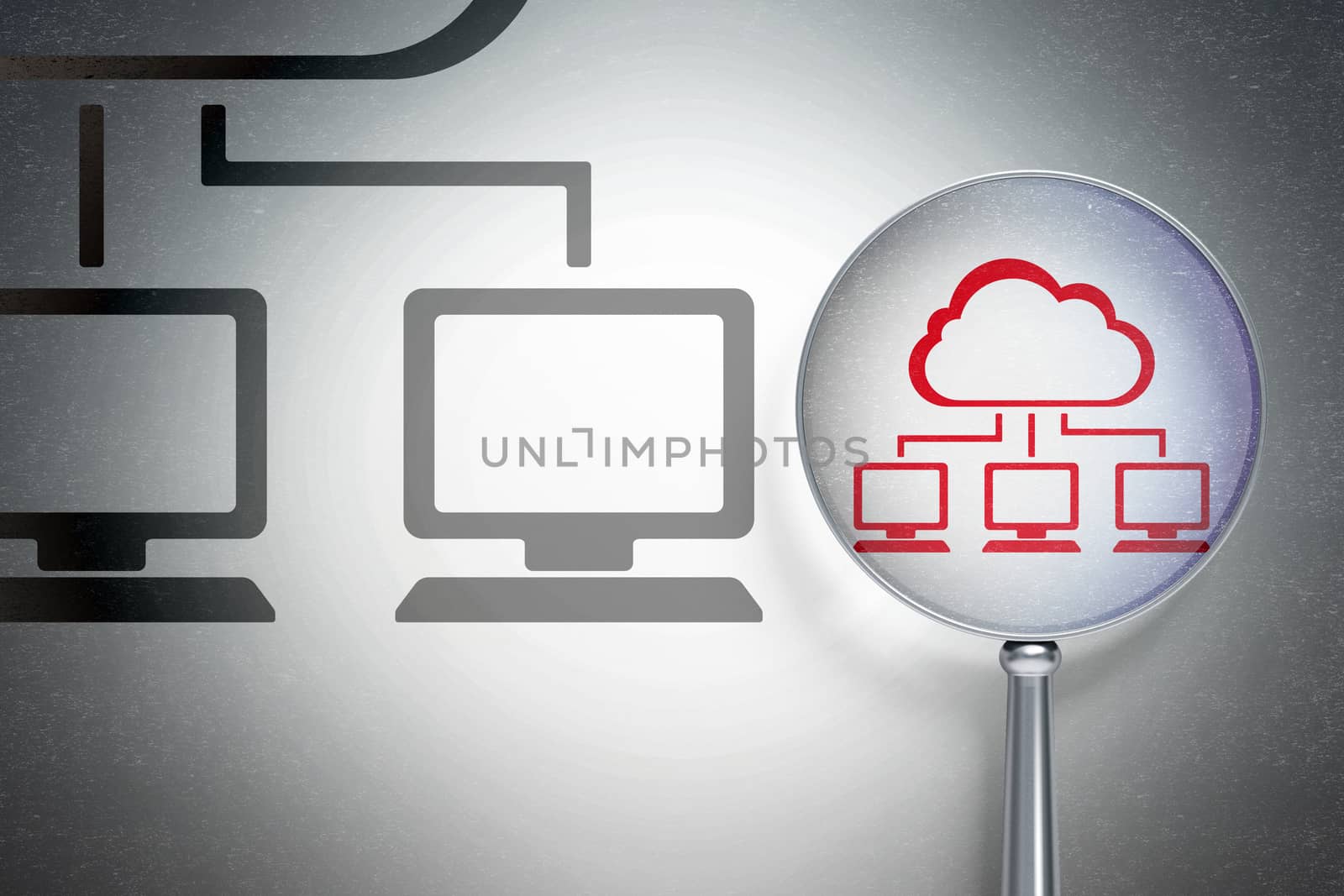 Cloud technology concept: magnifying optical glass with Cloud Network icon on digital background, empty copyspace for card, text, advertising, 3D rendering