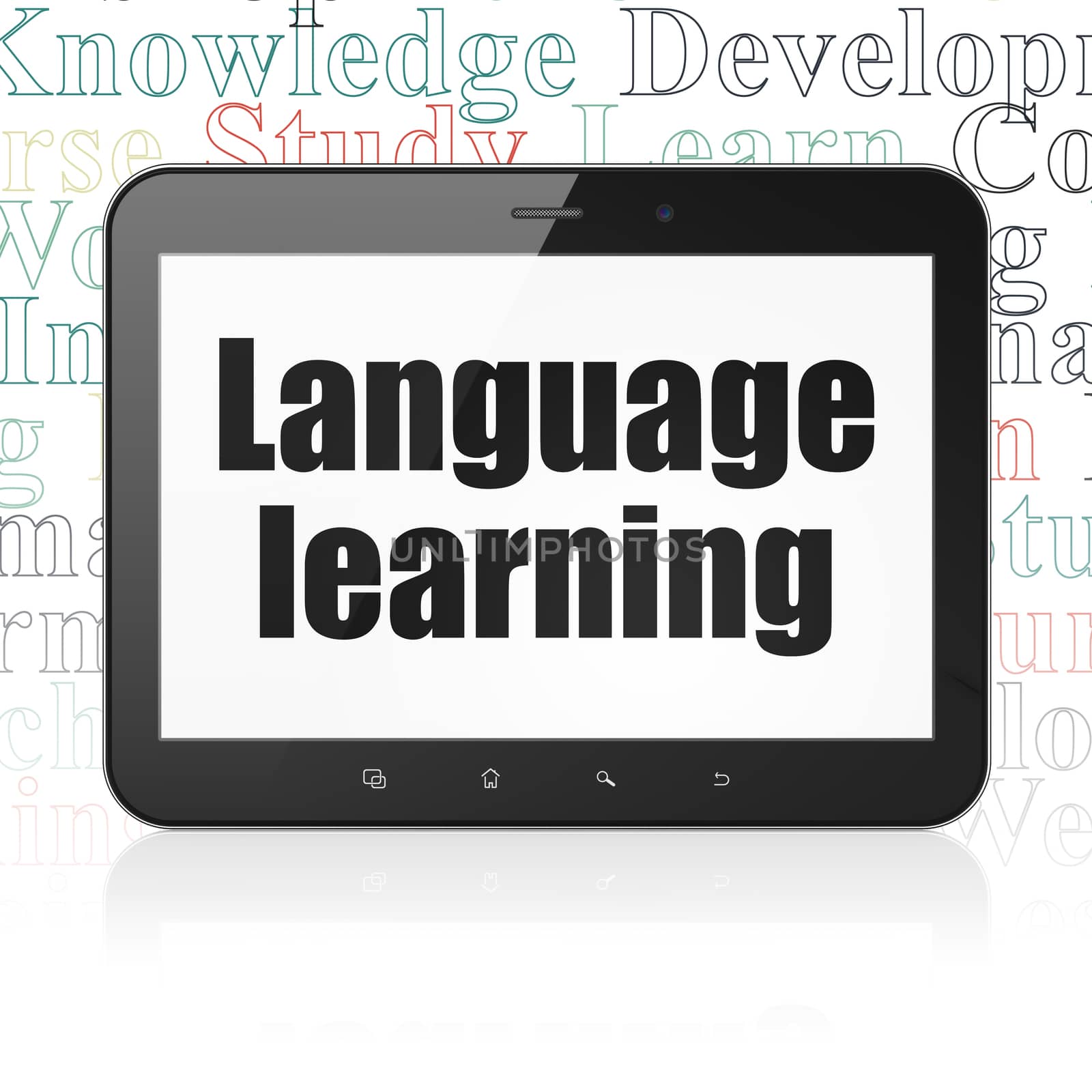 Studying concept: Tablet Computer with  black text Language Learning on display,  Tag Cloud background, 3D rendering