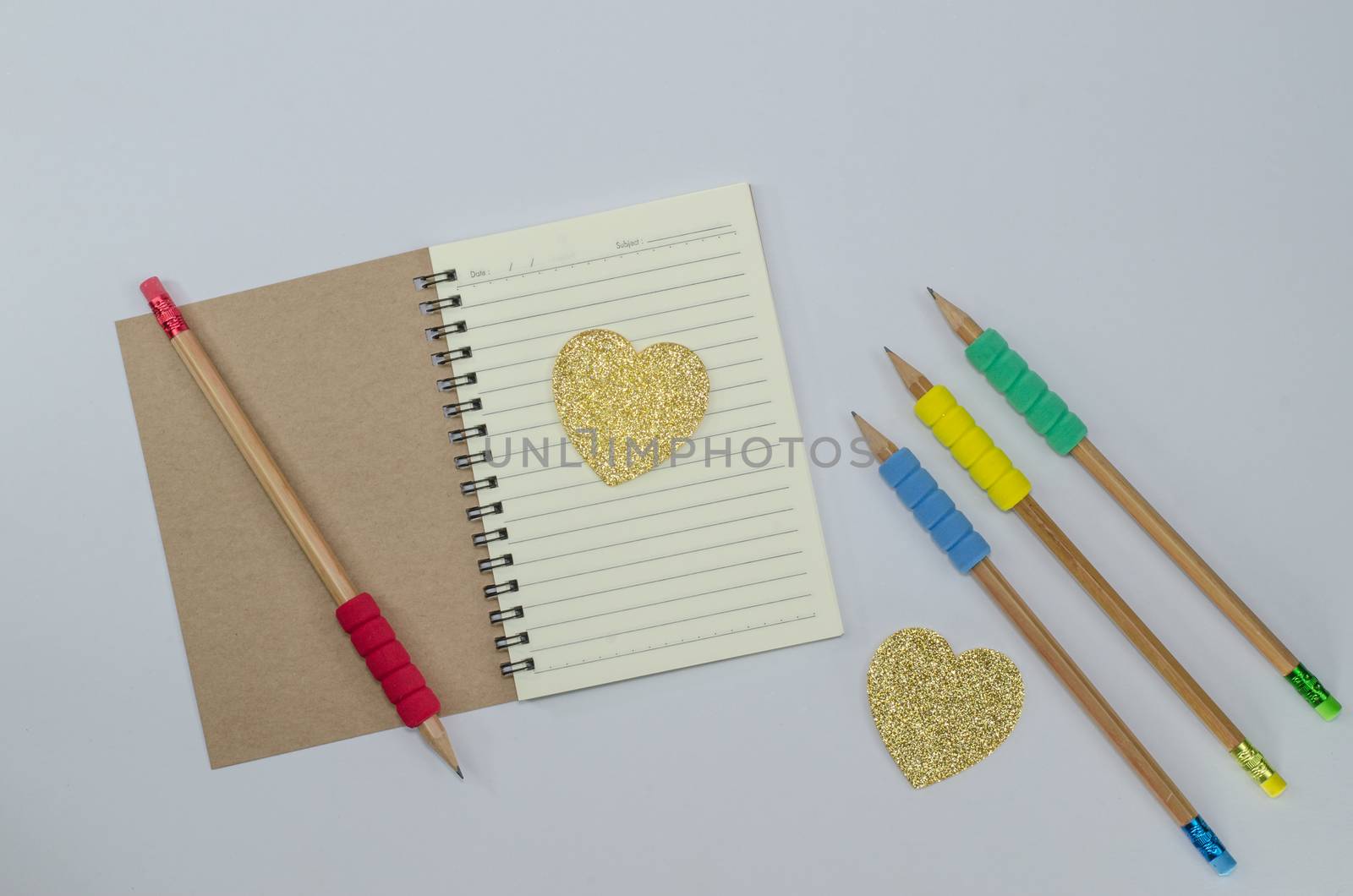 Writer recycled paper notebook open front cover on white background