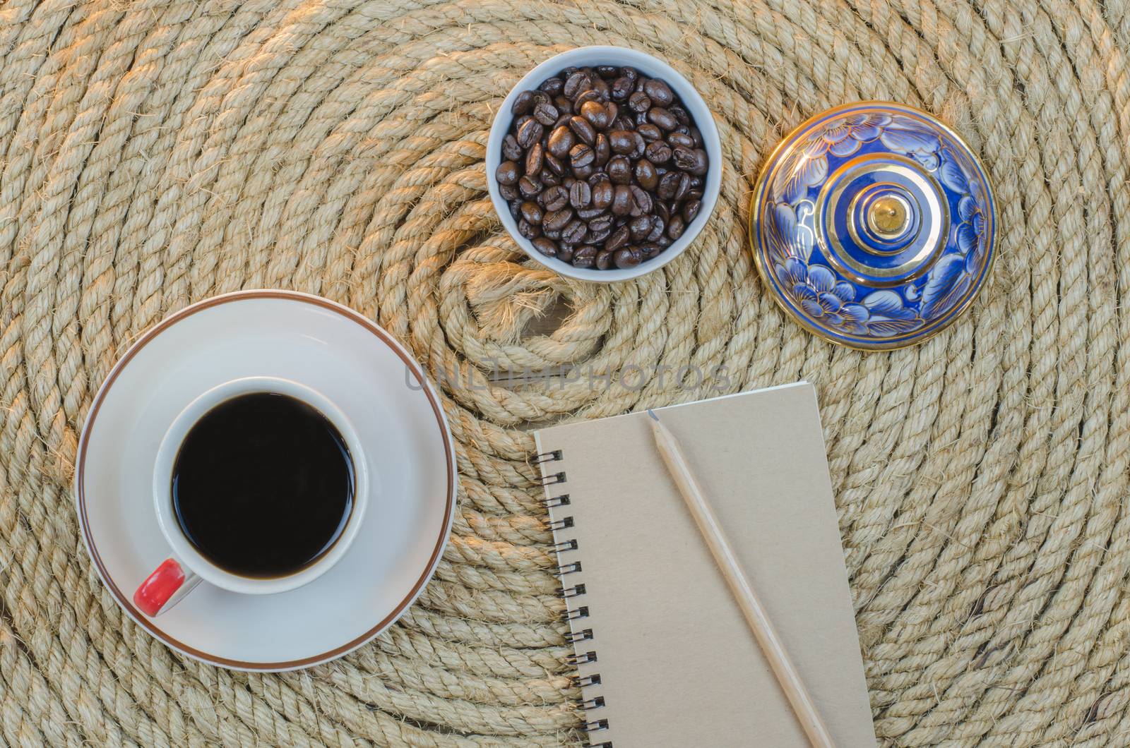 Relaxation drink coffee on a jute rope.