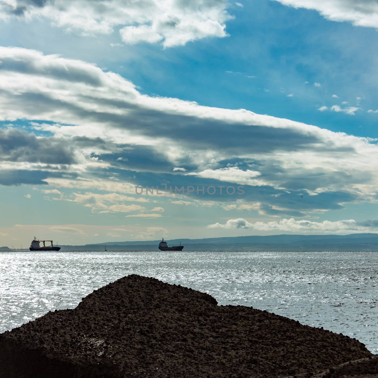 Cargo ships and seagulls on a spring day in the Mediterranean Sea