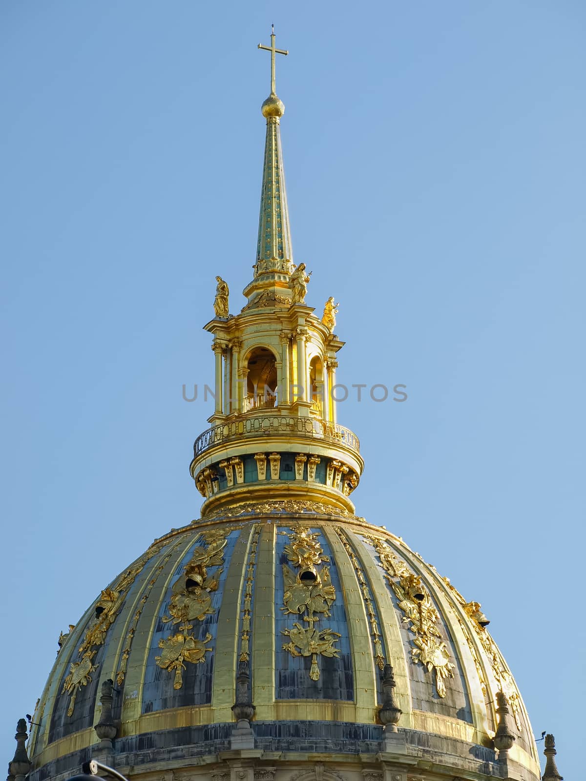 Dome of the cathedral in a complex of buildings of the Hotel Des Invalides in Paris closeup
