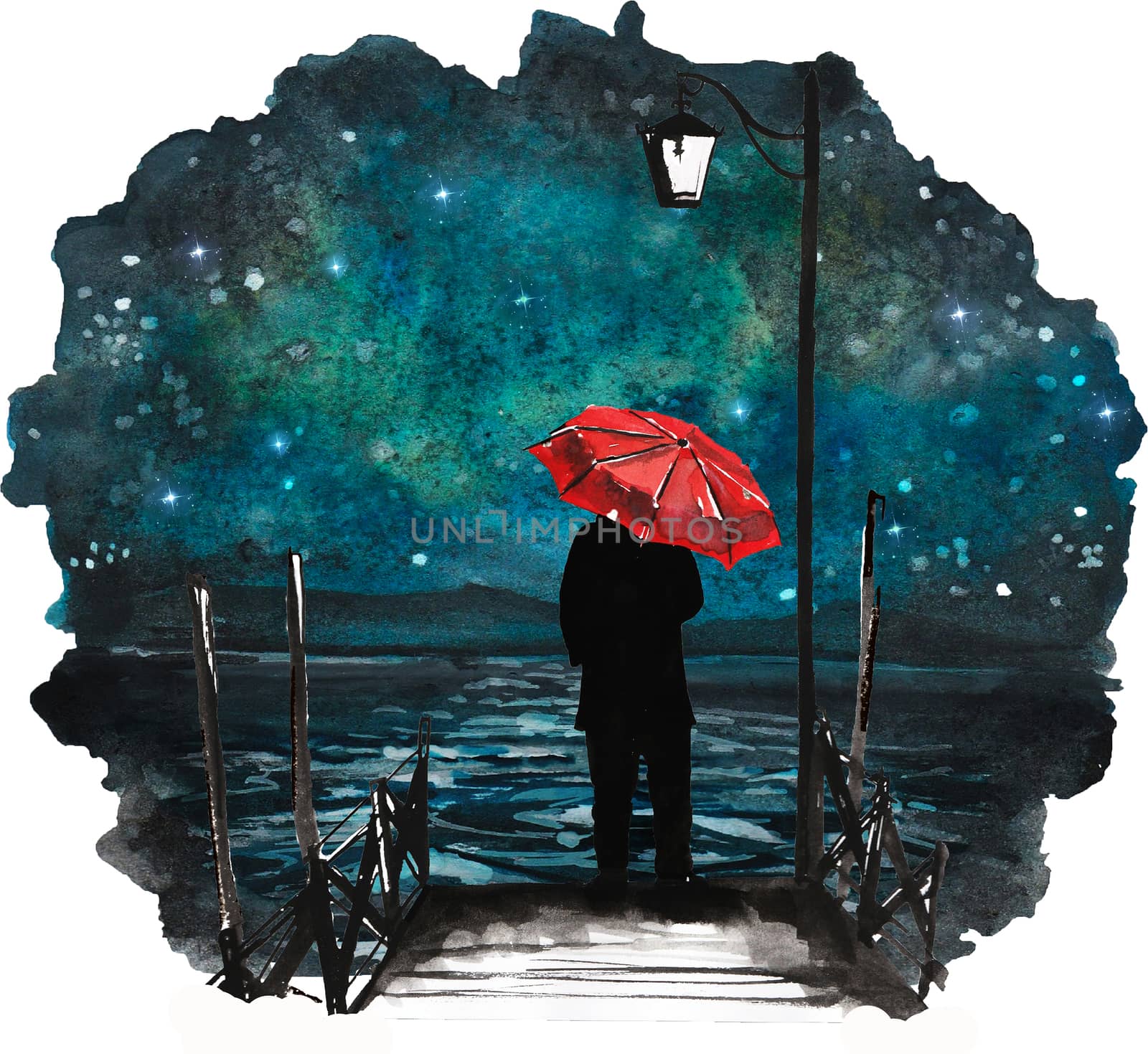 Lonely man standing in the night watercolor drawing by devy
