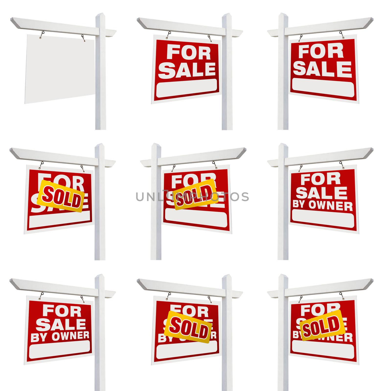 Complete Set of Real Estate Signs with For Sale, Sold, For Sale By Owner and Blank Isolated on White.