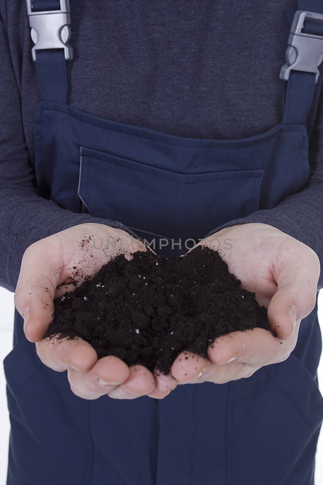 Black soil in the hands of a young farmer