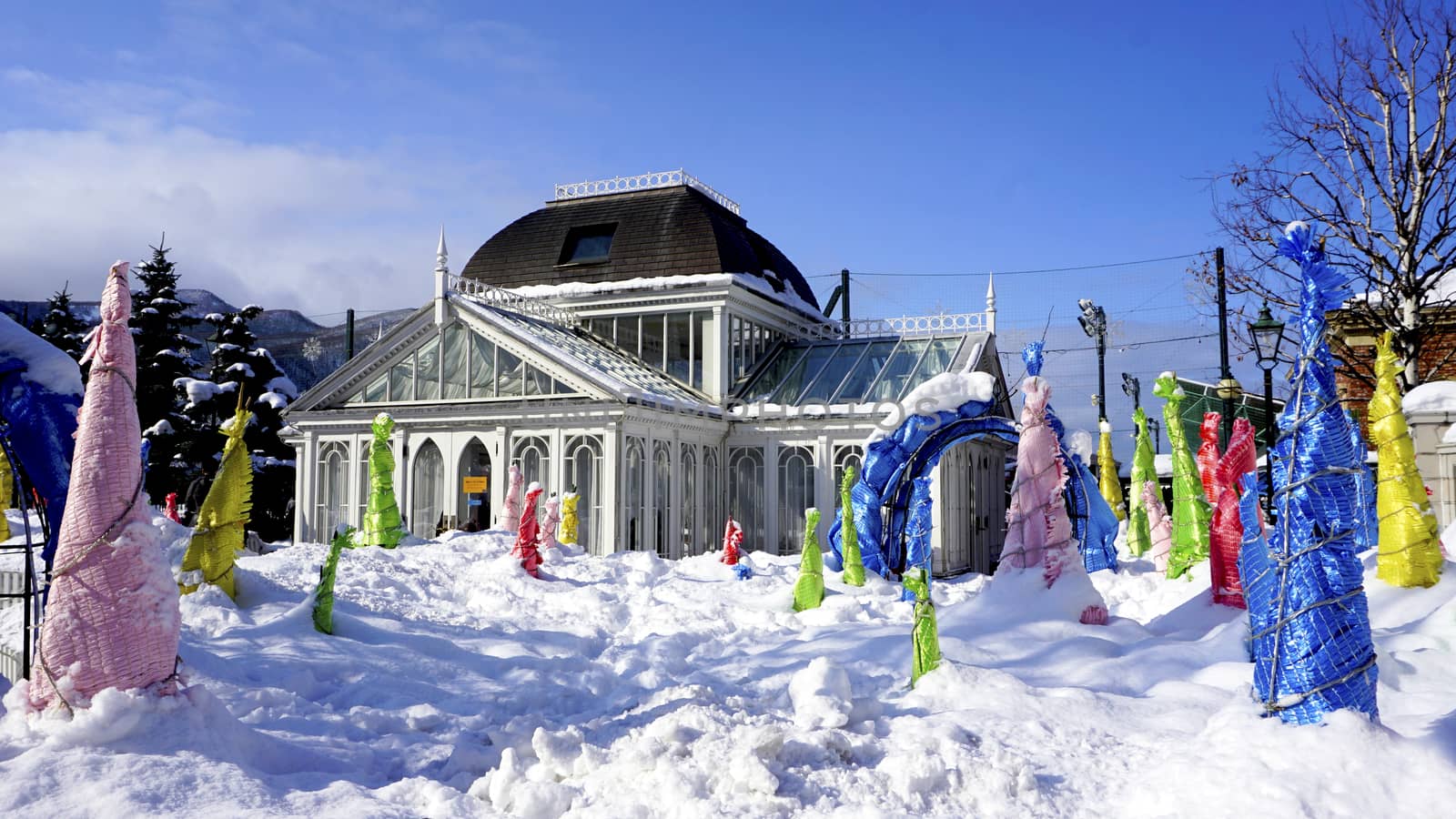 Glass house architecture snow winter festival in Hokkaido, Japan