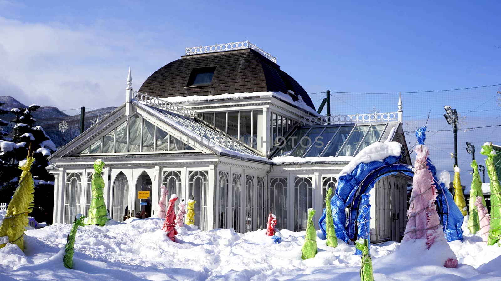Glass house architecture snow winter in Hokkaido, Japan