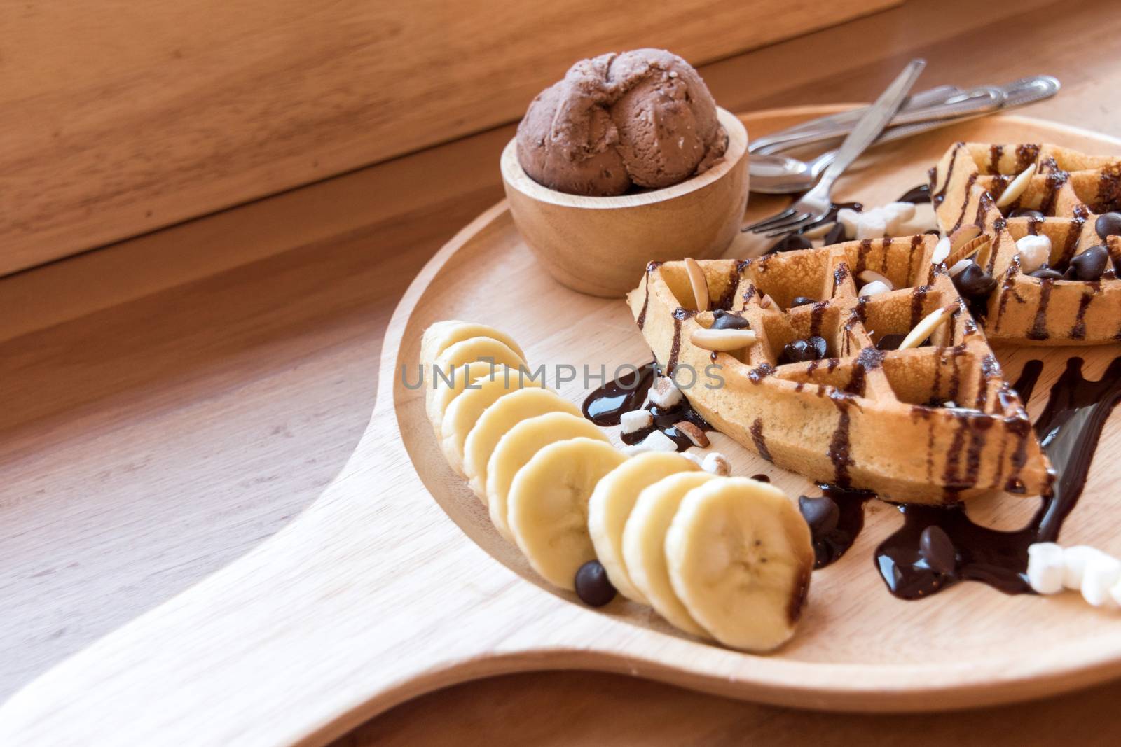 Belgian waffles with fruit and chocolate, forest fruit, all home by dfrsce