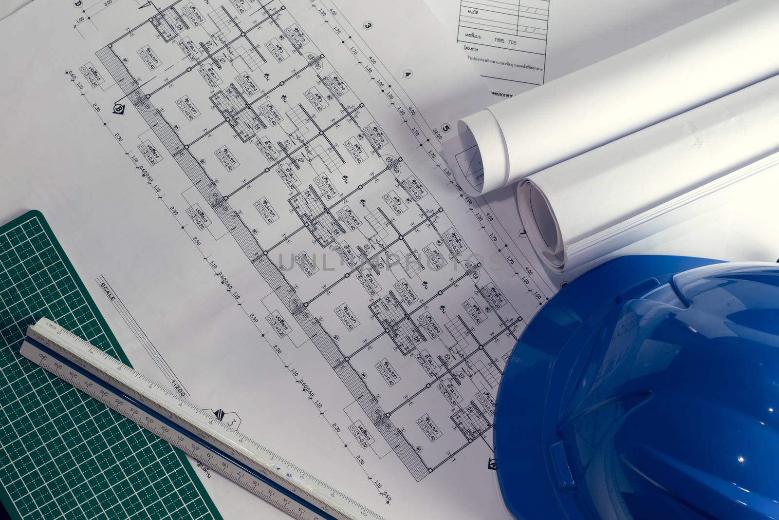 architectural plans project drawing with blueprints rolls. by dfrsce