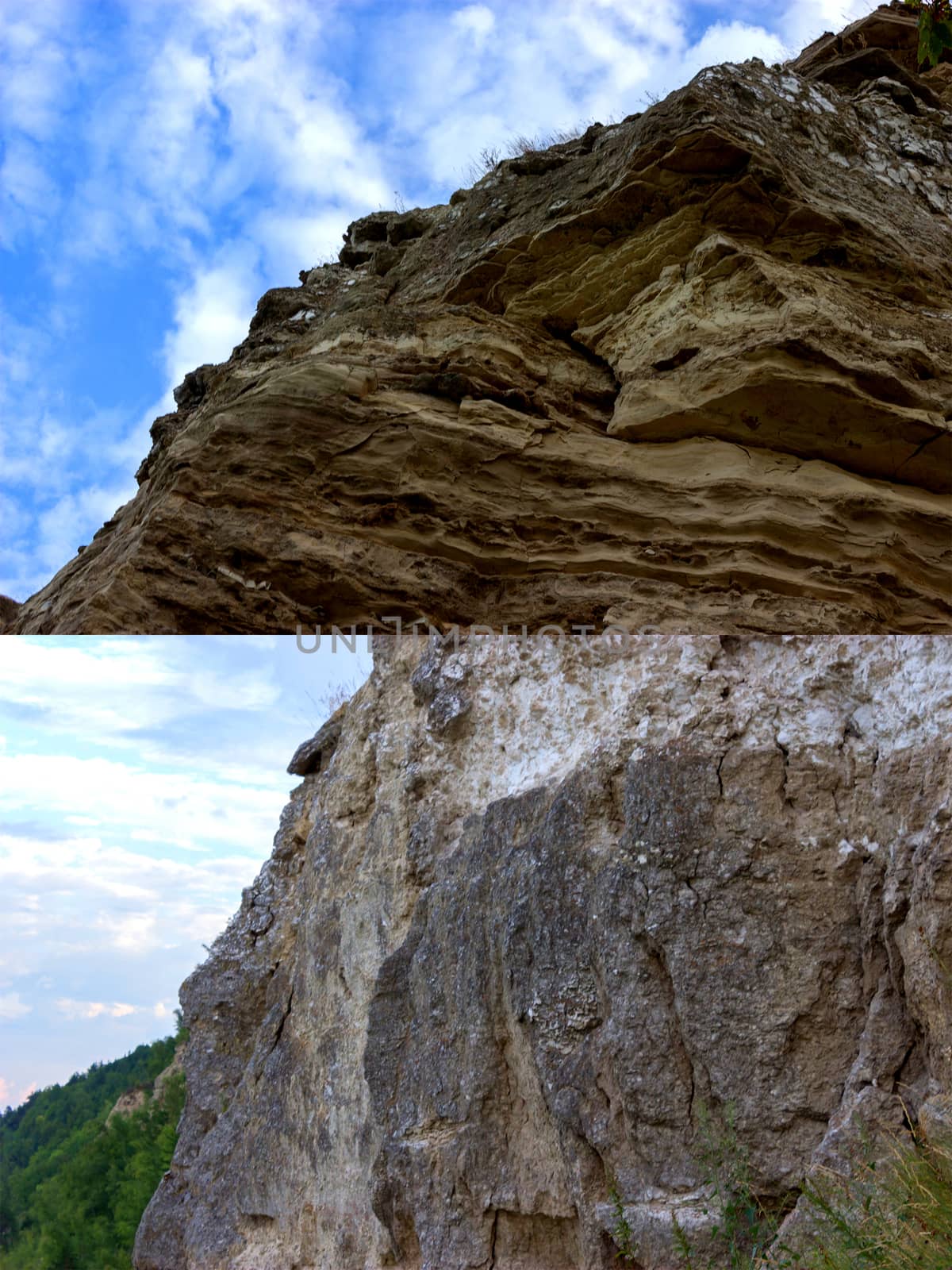 rocks on sky background. collage of two images