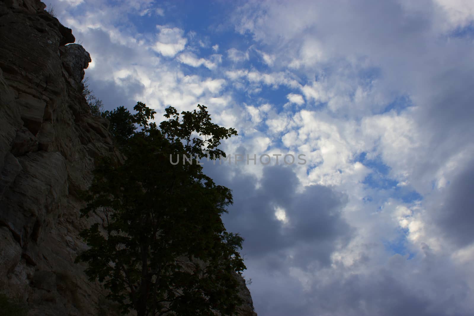 textured rock wall against a blue sky.