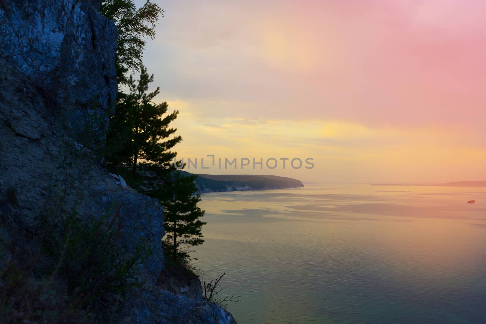 Beautiful sea landscape. rock and green trees