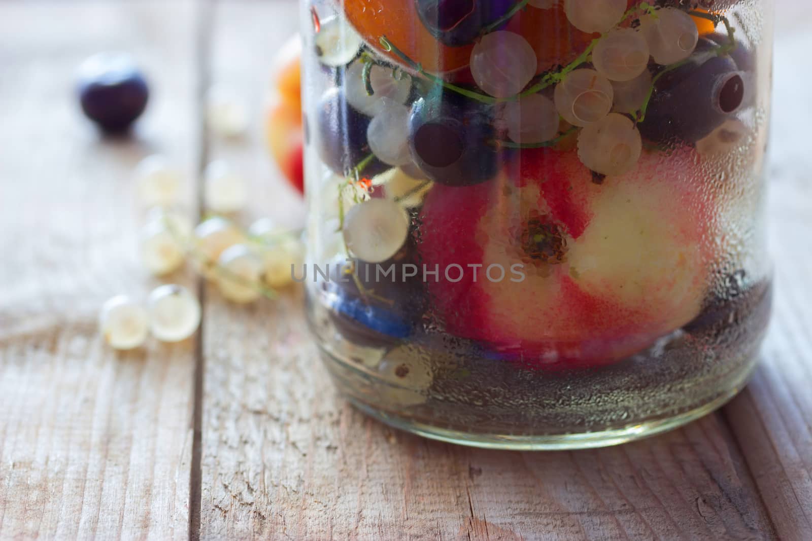 fresh fruits in glass container. copy space