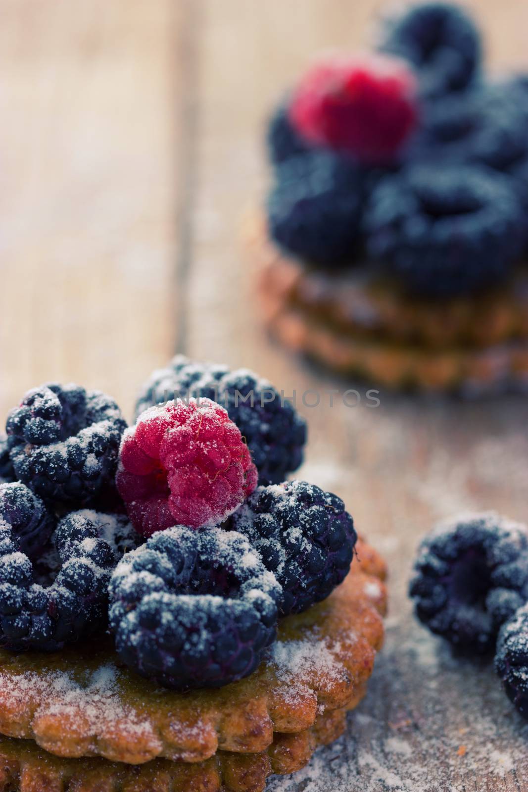Fresh berry tartlet or cake filled with raspberry blackberry icing