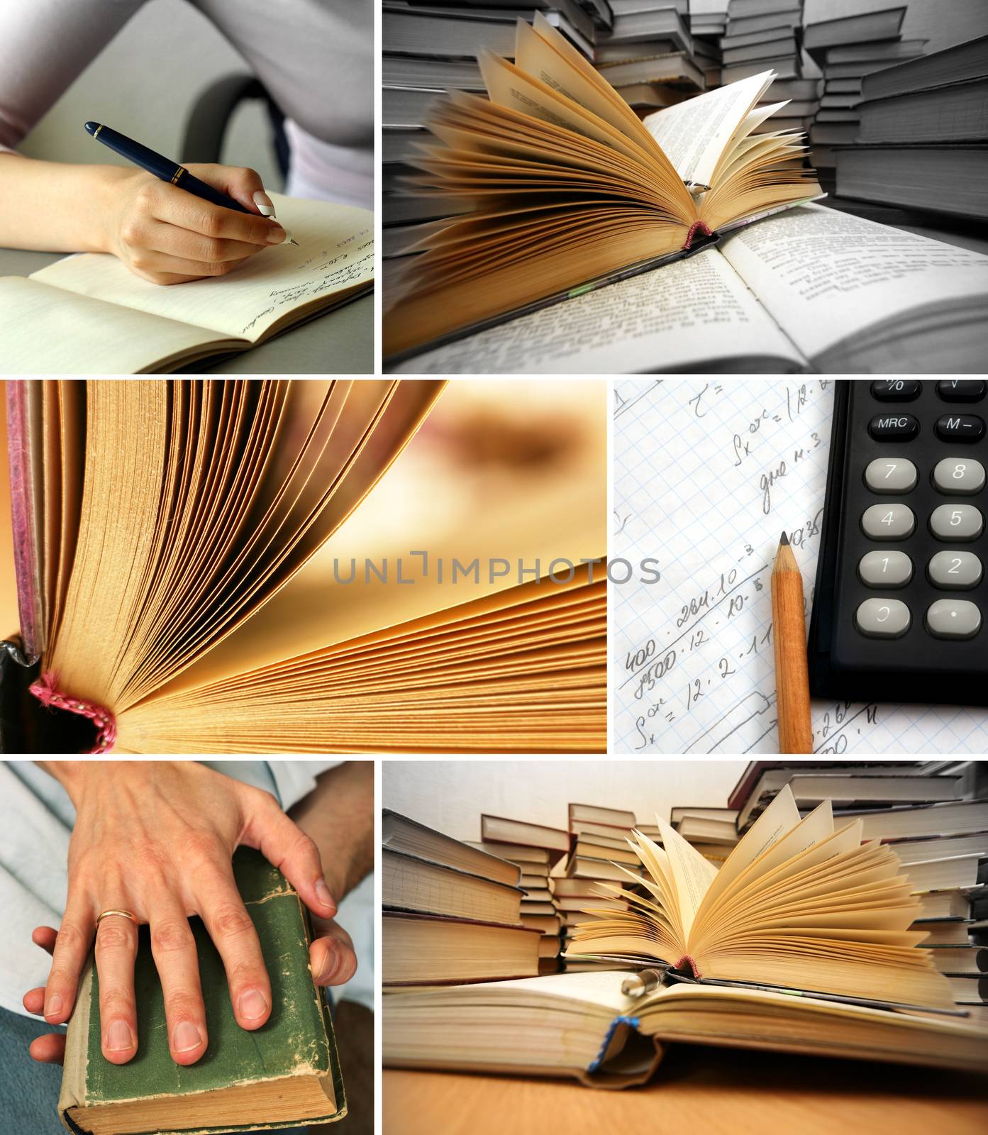 Collage of opened and stacked books 