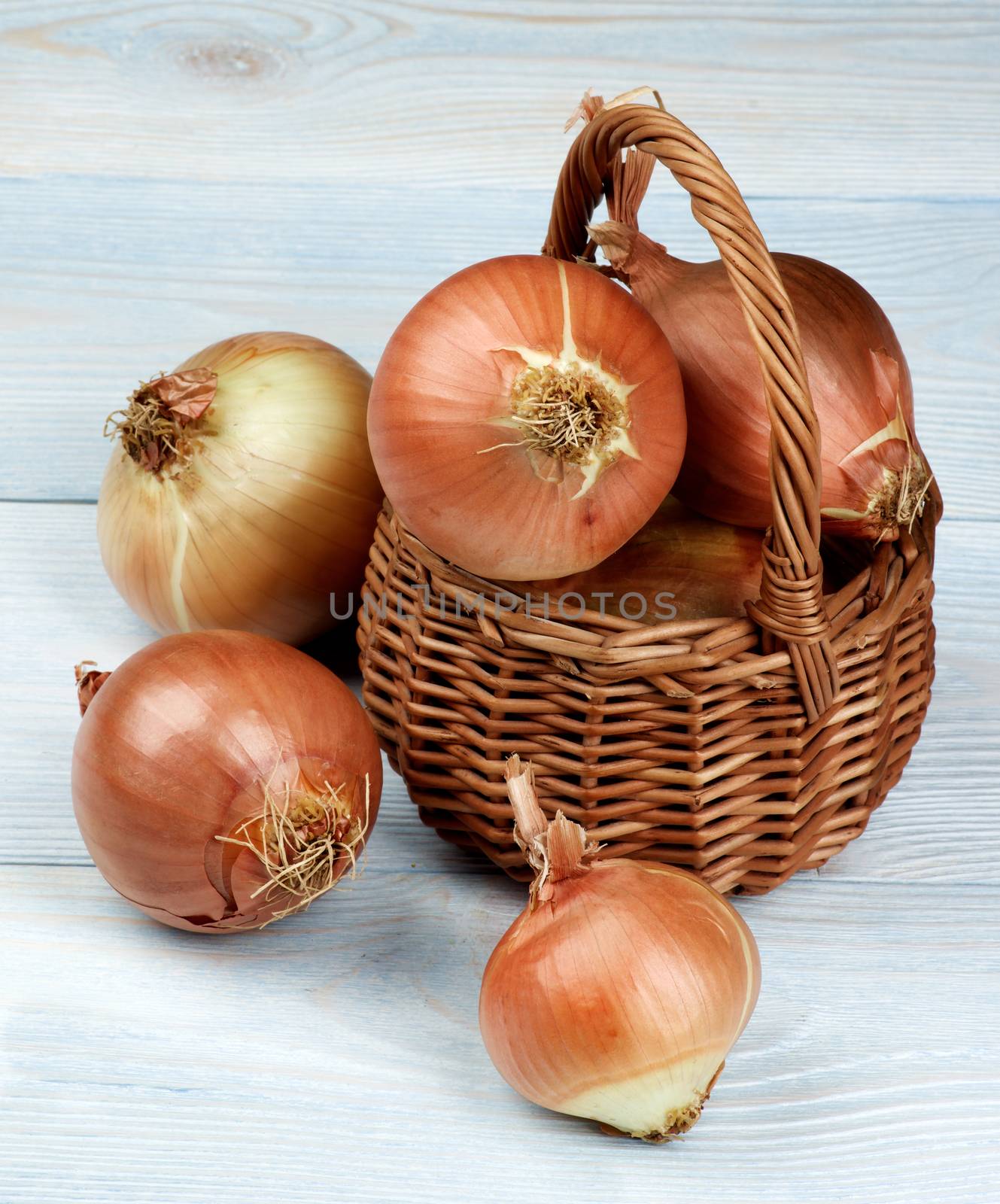 Arrangement of Ripe Raw Golden Onions Full Body in Wicker Basket on Blue Wooden background
