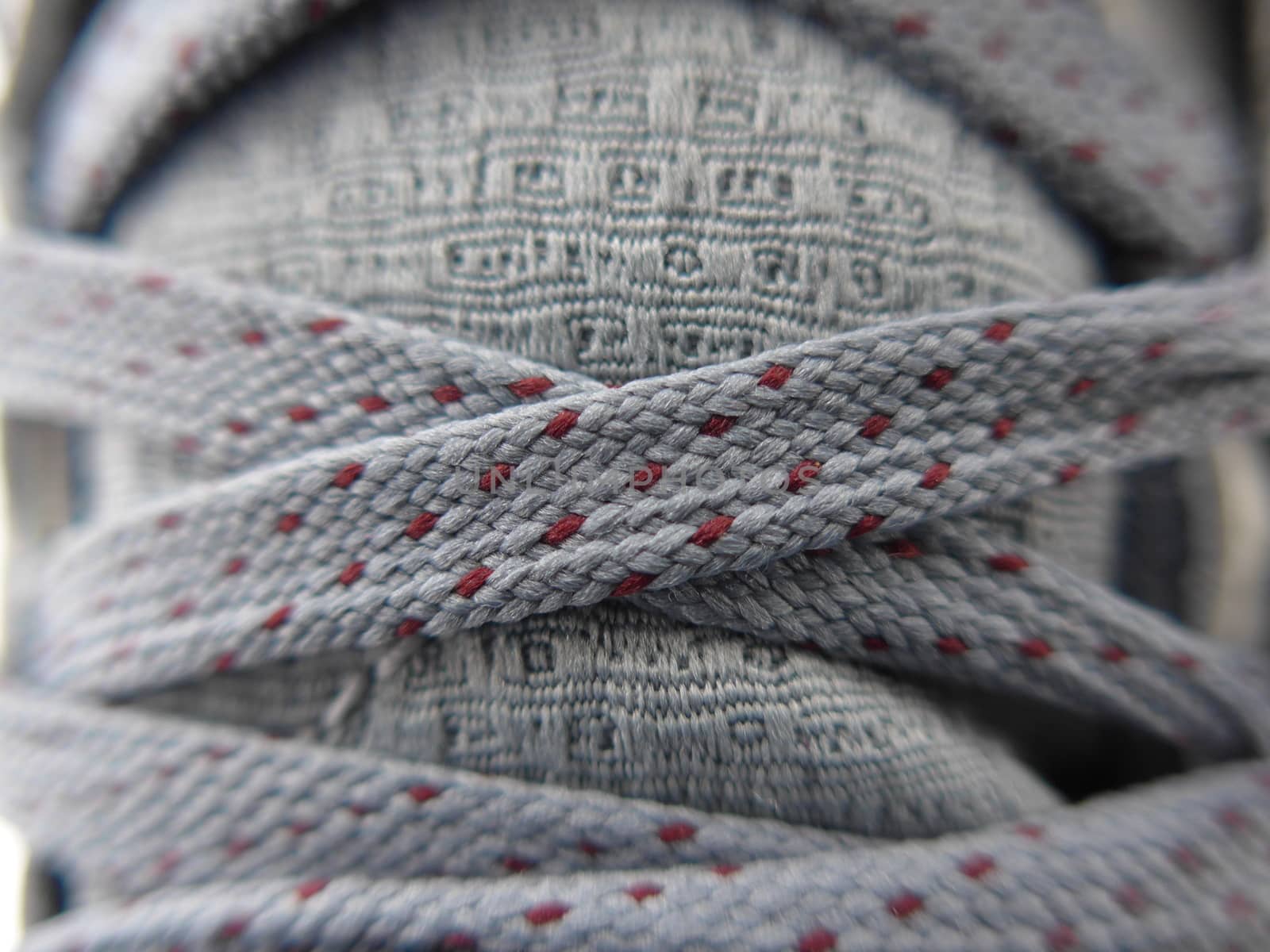 close up of a grey shoe lace with red dots