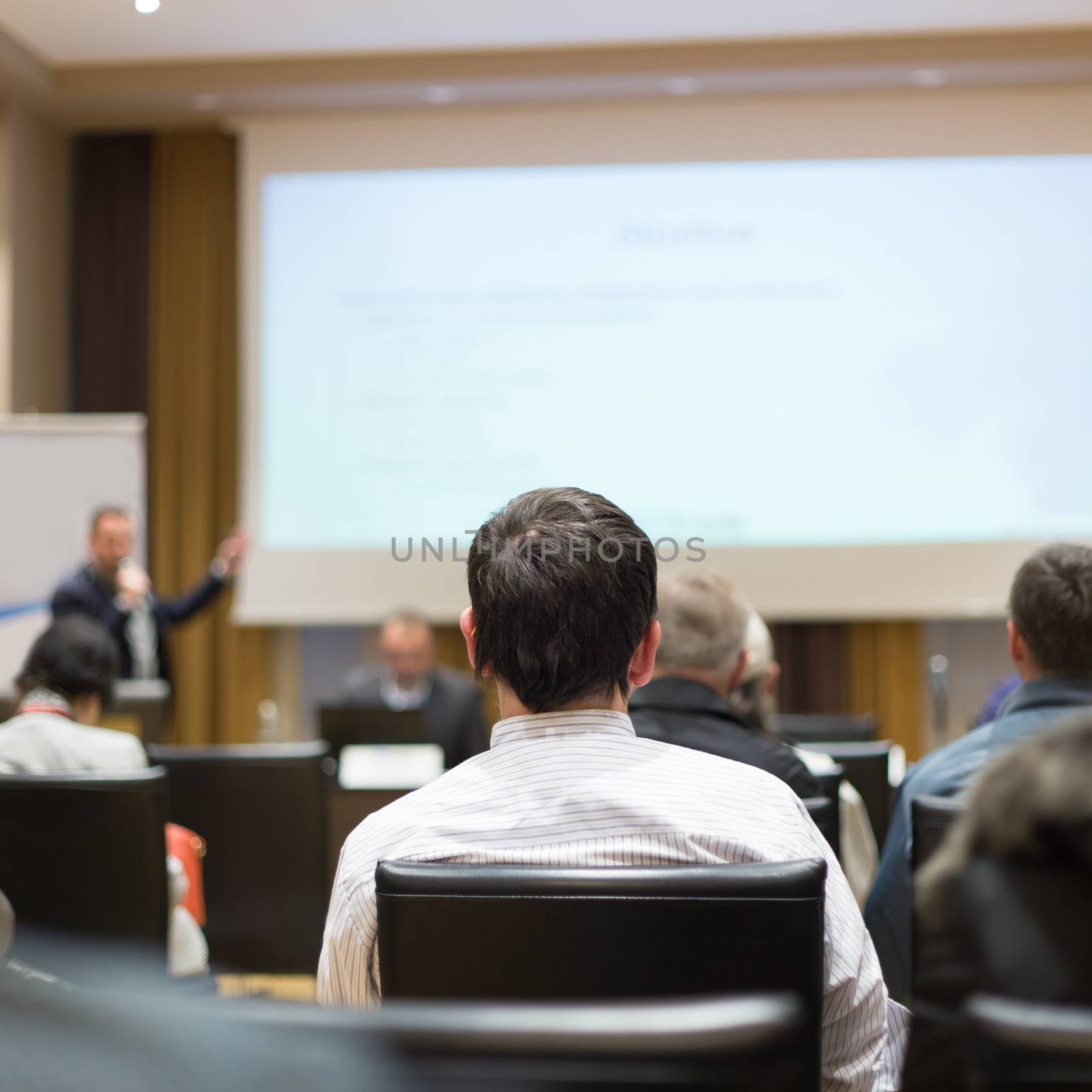 Business and entrepreneurship symposium. Speaker giving a talk at business meeting. Audience in the conference hall. Rear view of unrecognized participant in audience.