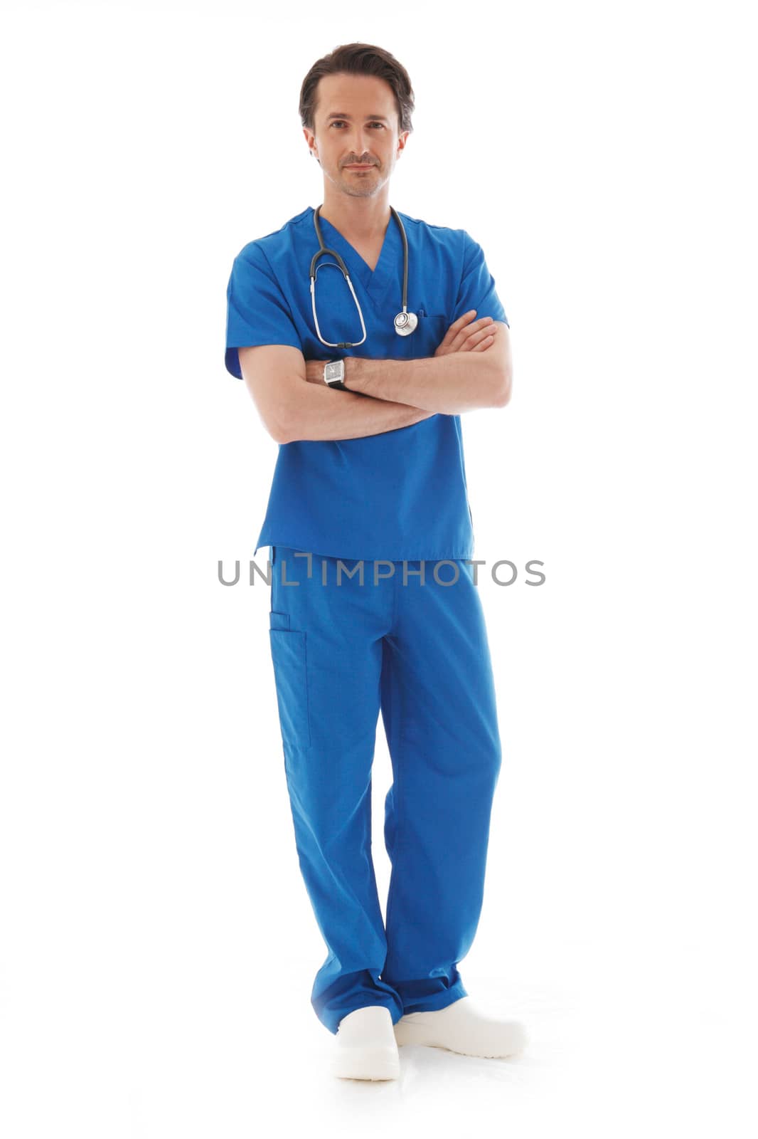 Full length portrait of young doctor in blue uniform isolated on white background 