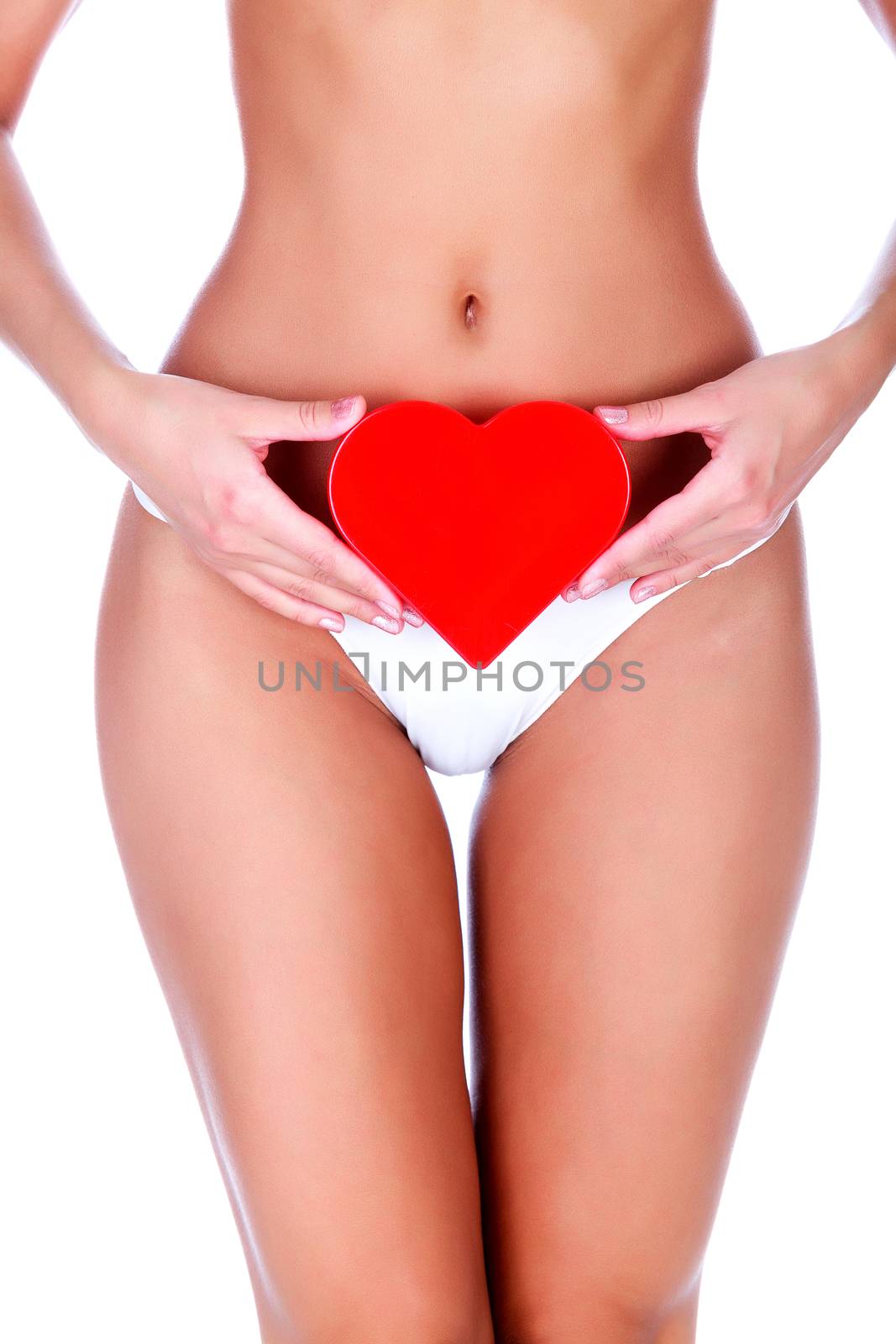 Woman holds red heart, isolated on white background