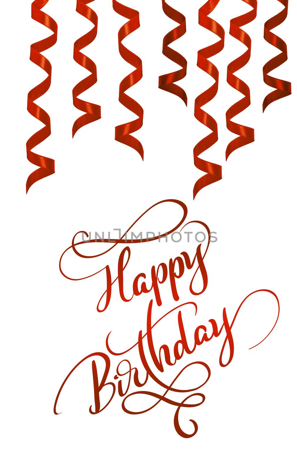 Red holiday Ribbon isolated on white background and text Happy Birthday, Calligraphy lettering by timonko