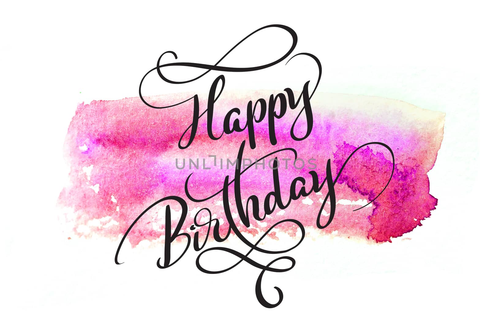 abstract watercolor background in red and text Happy Birthday. Calligraphy lettering by timonko