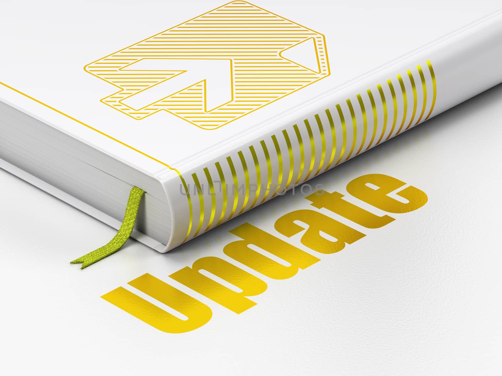 Web design concept: closed book with Gold Upload icon and text Update on floor, white background, 3D rendering