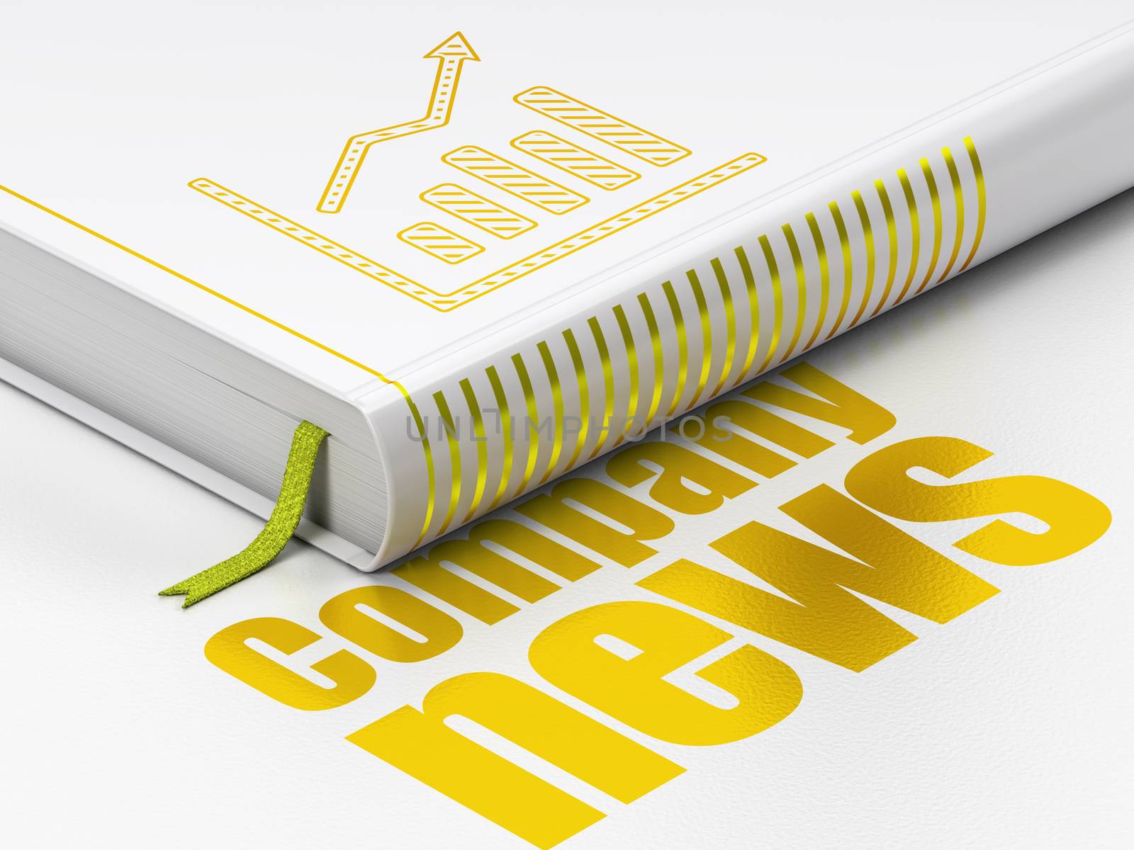 News concept: closed book with Gold Growth Graph icon and text Company News on floor, white background, 3D rendering