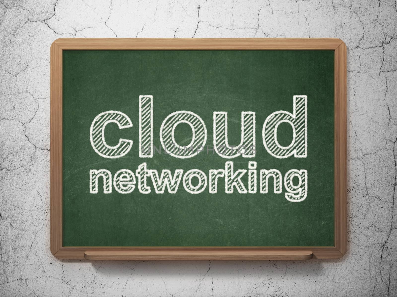 Cloud technology concept: text Cloud Networking on Green chalkboard on grunge wall background, 3D rendering