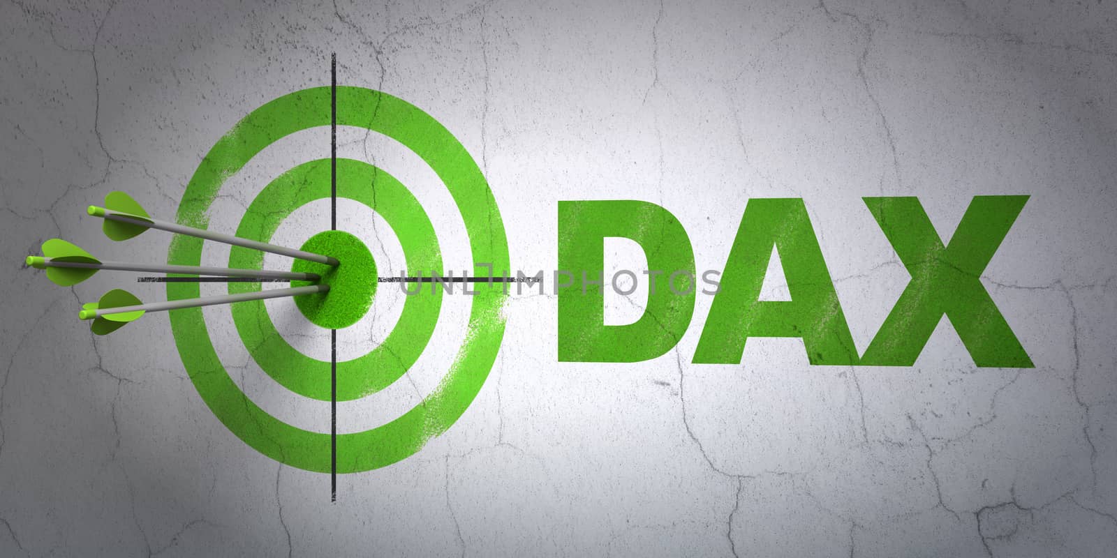 Success Stock market indexes concept: arrows hitting the center of target, Green DAX on wall background, 3D rendering