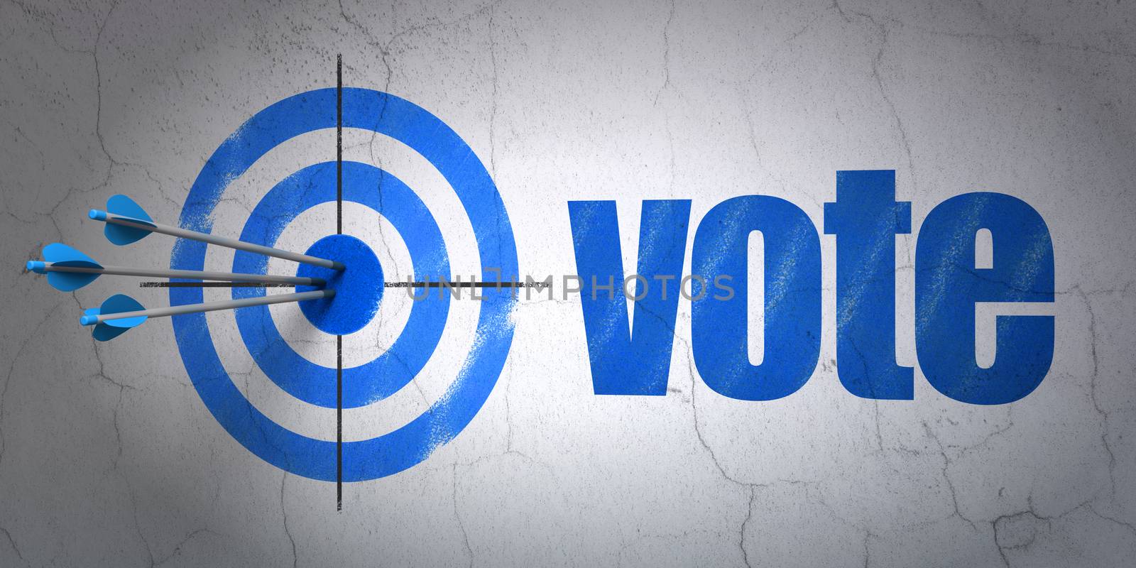 Success political concept: arrows hitting the center of target, Blue Vote on wall background, 3D rendering