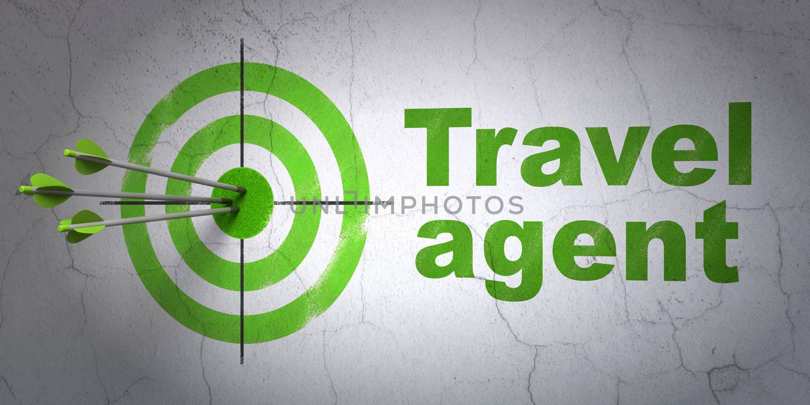 Success tourism concept: arrows hitting the center of target, Green Travel Agent on wall background, 3D rendering