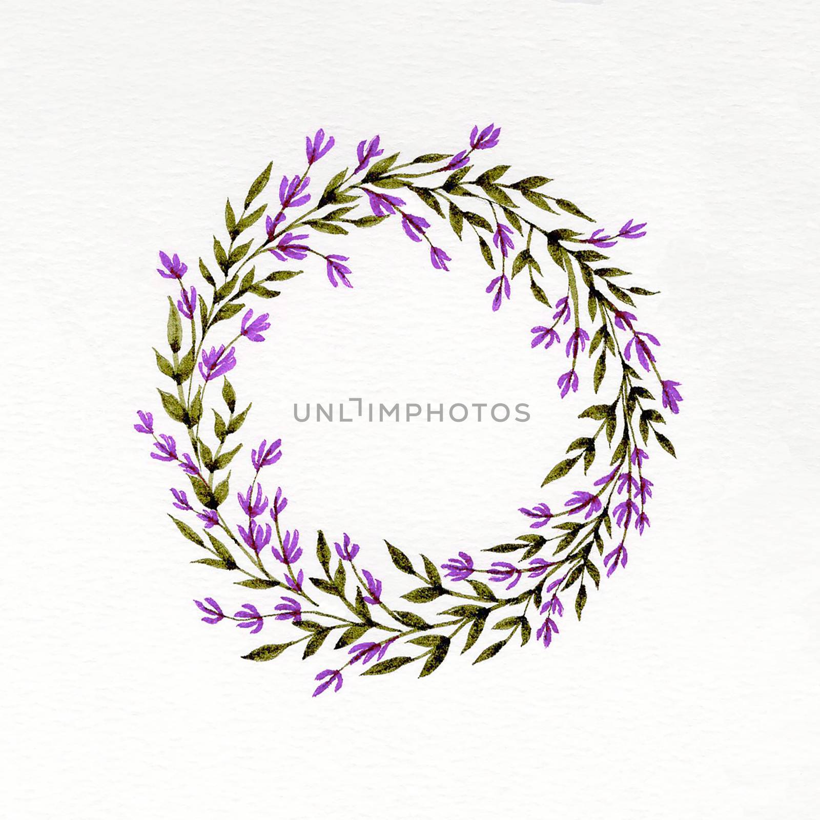 Watercolor floral wreath with lavender, green leaves and branches by JaneMaier