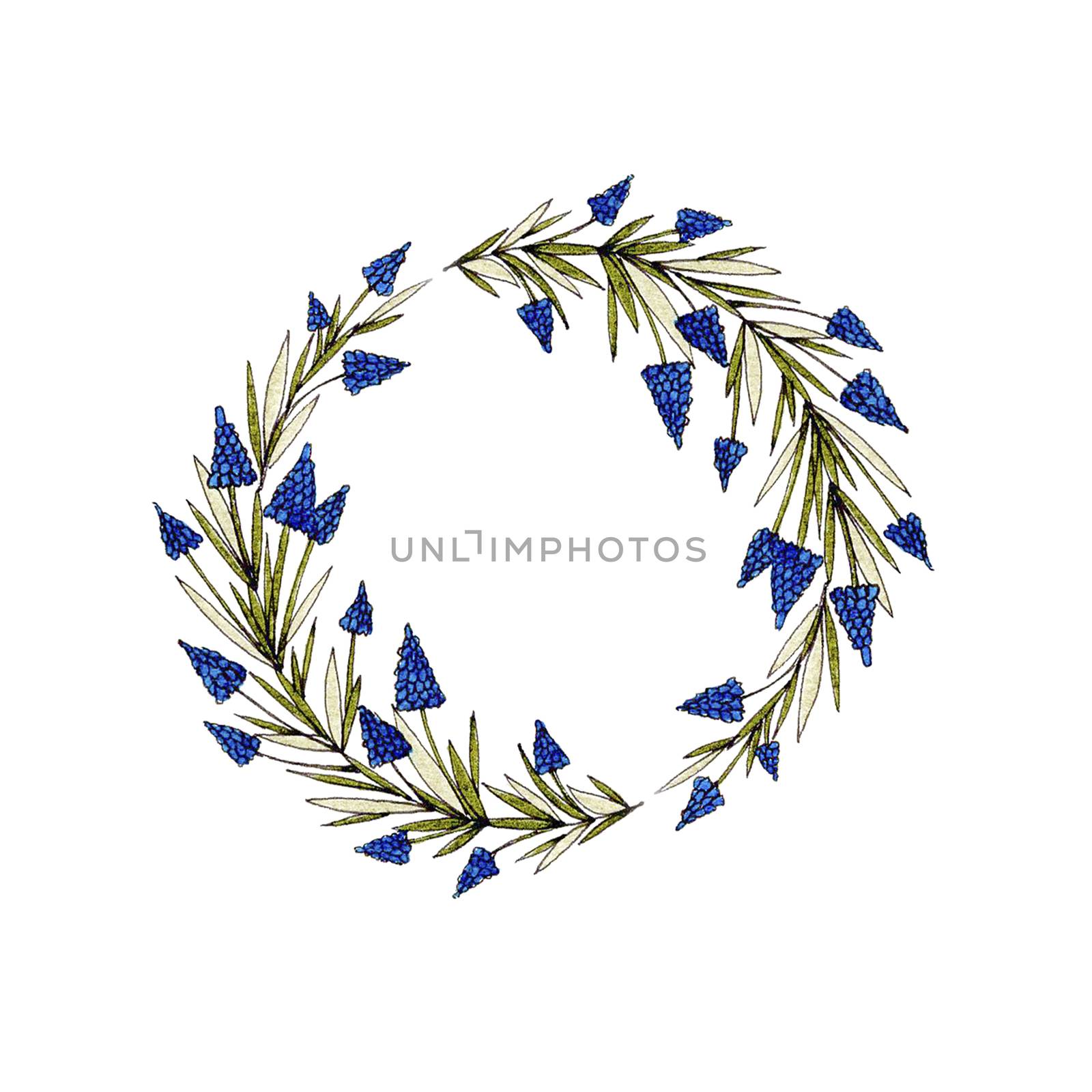 Watercolor floral wreath with muscari, green leaves and branches. Used for wedding invitation, greeting cards