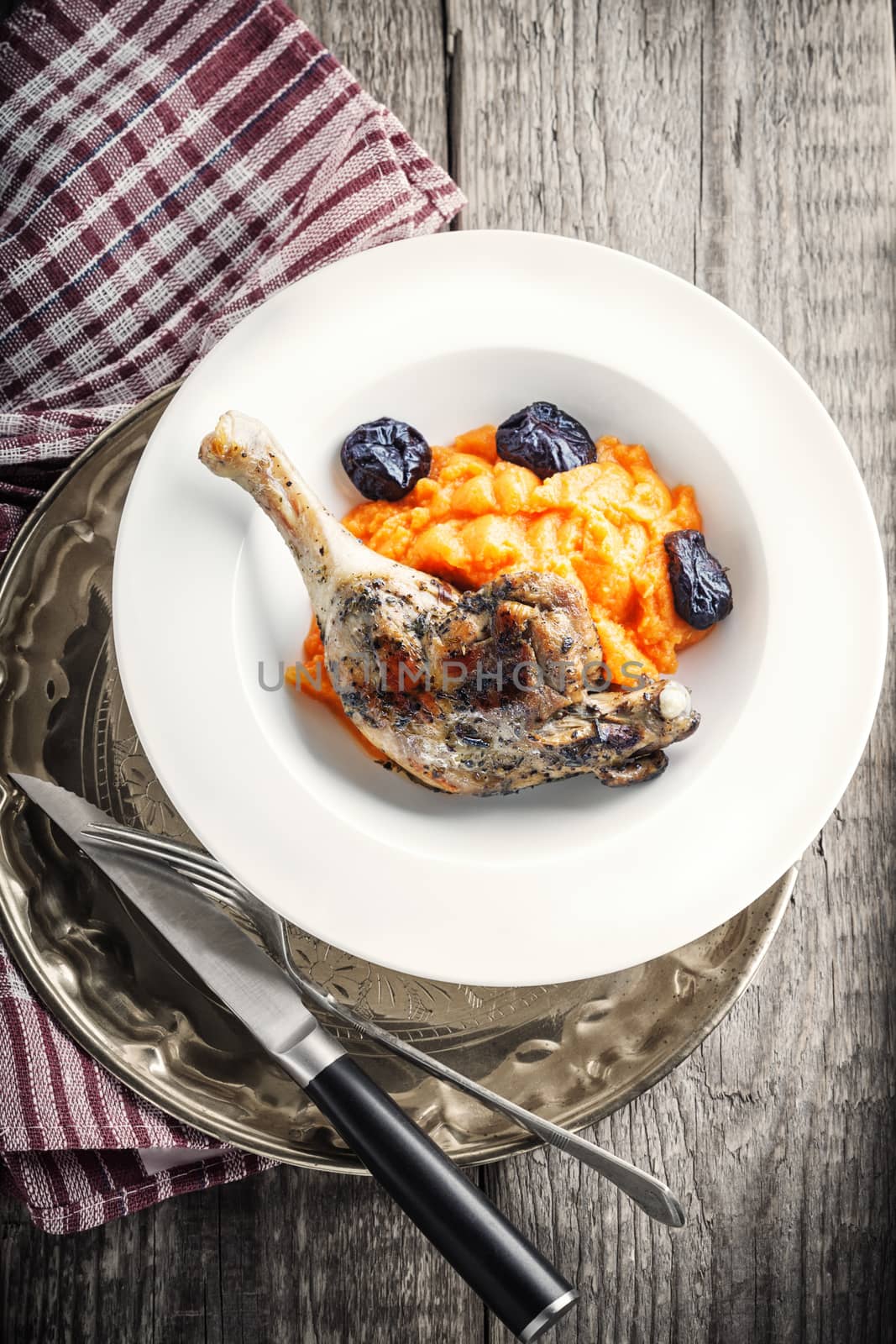 Roasted duck leg with mashed carrot and dried prunes by supercat67