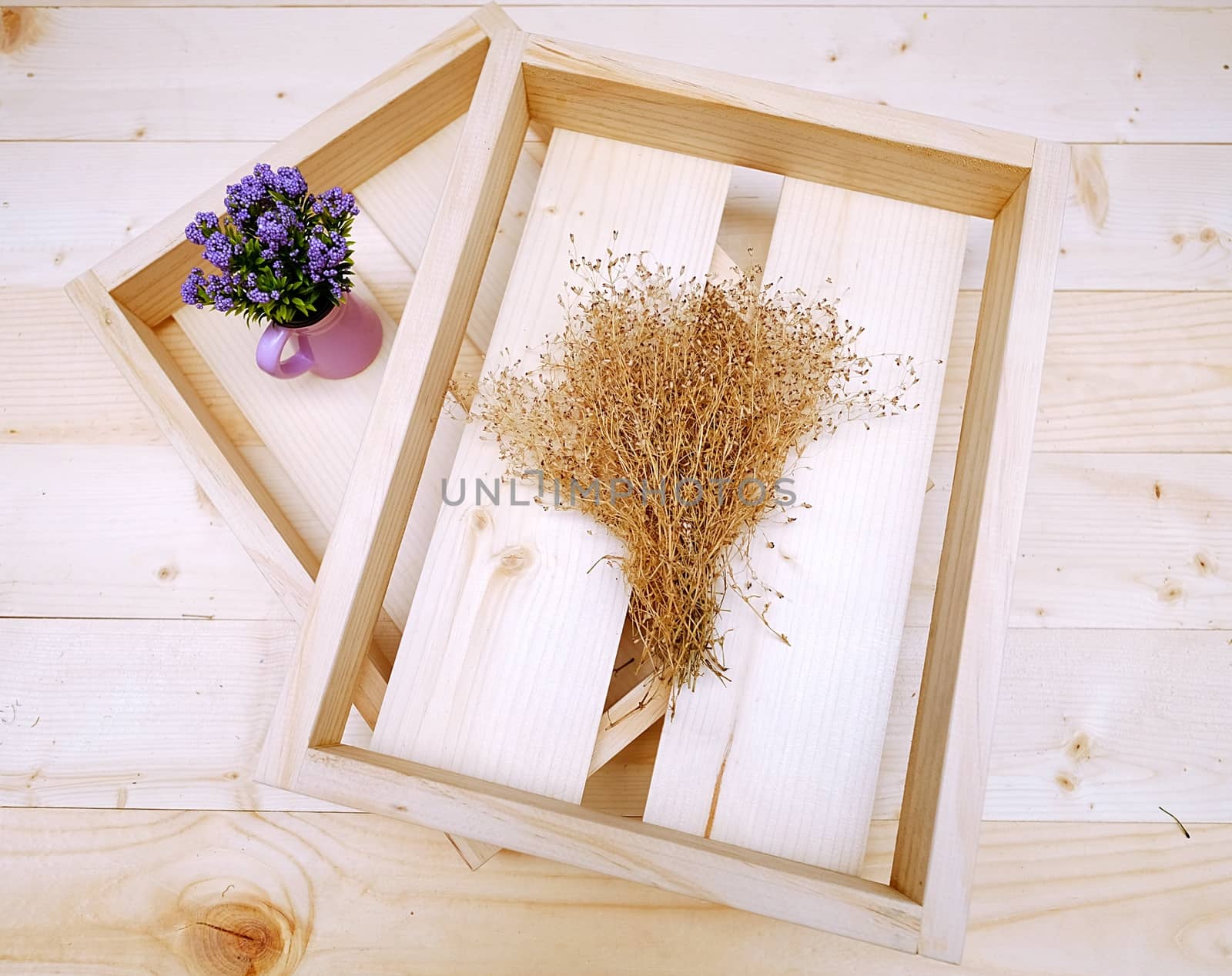 Wooden Box with Purple Little Flower in Pot