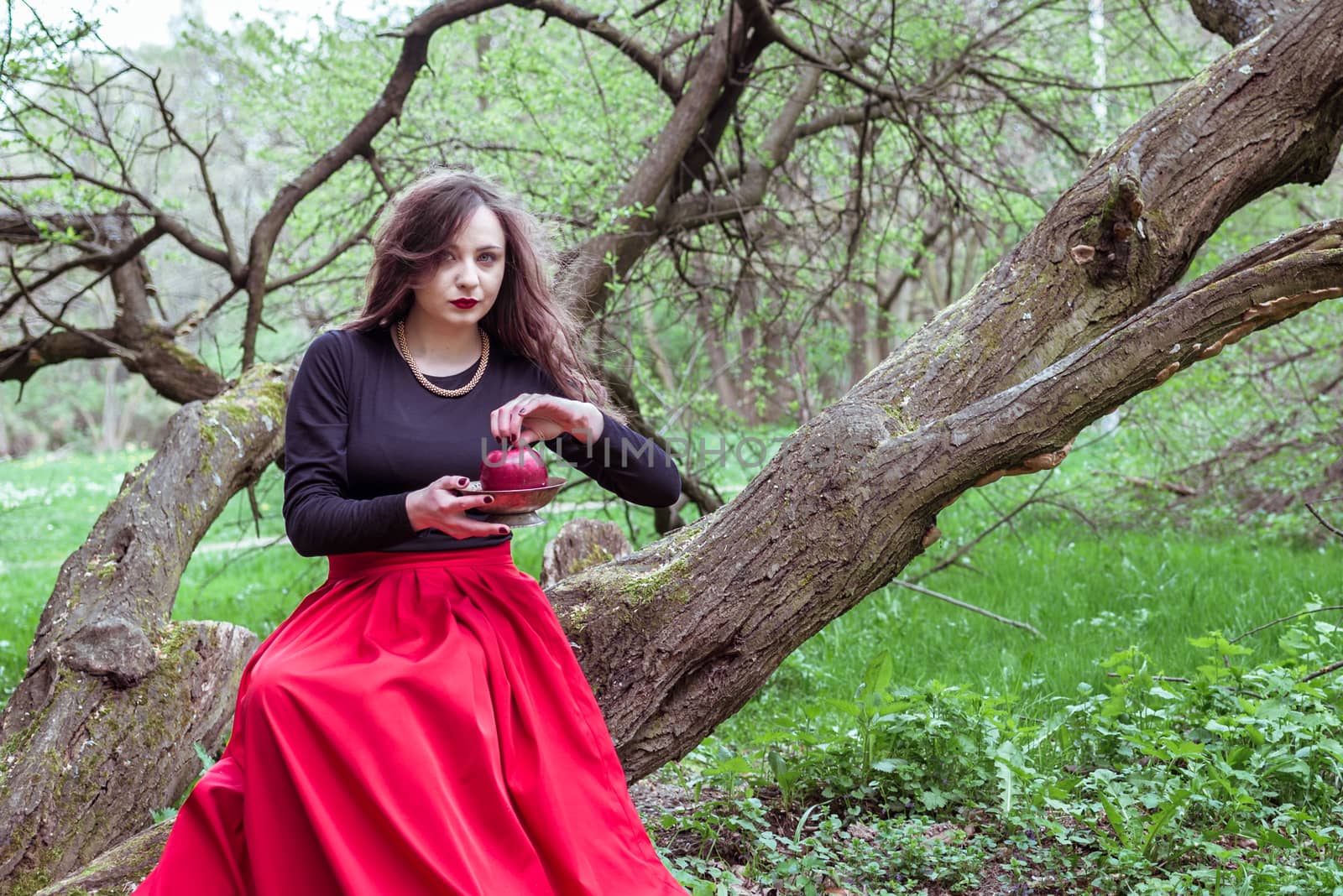 girl in a red skirt sitting on a tree trunk with apple in hand