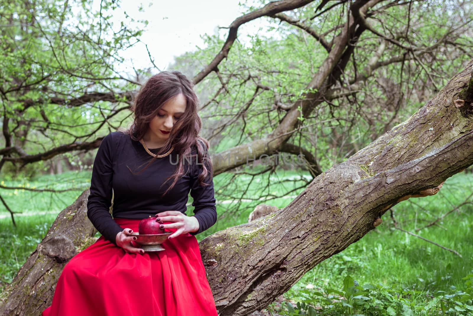 girl sitting on a tree trunk by okskukuruza