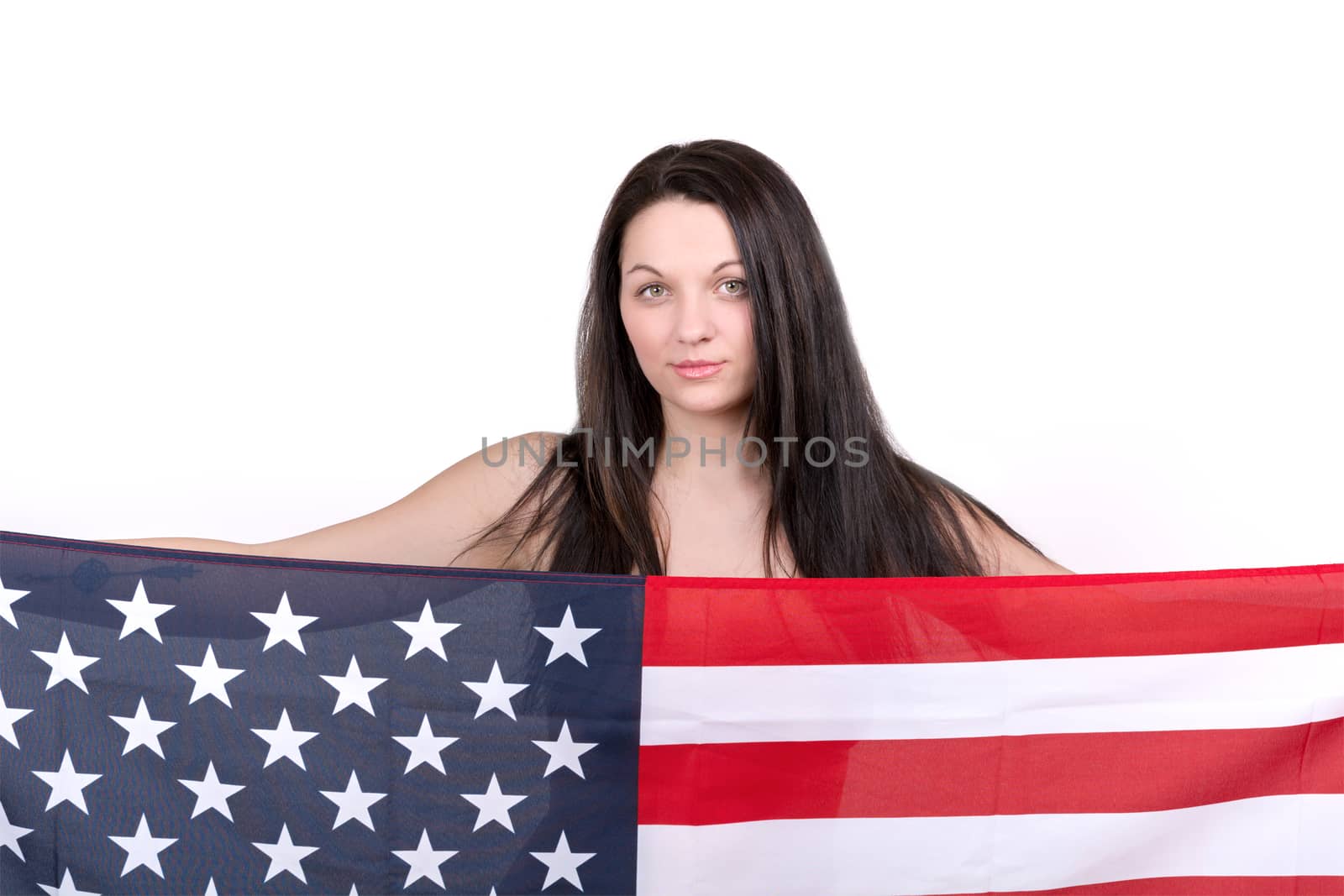 Women with american flag isolated on a white background