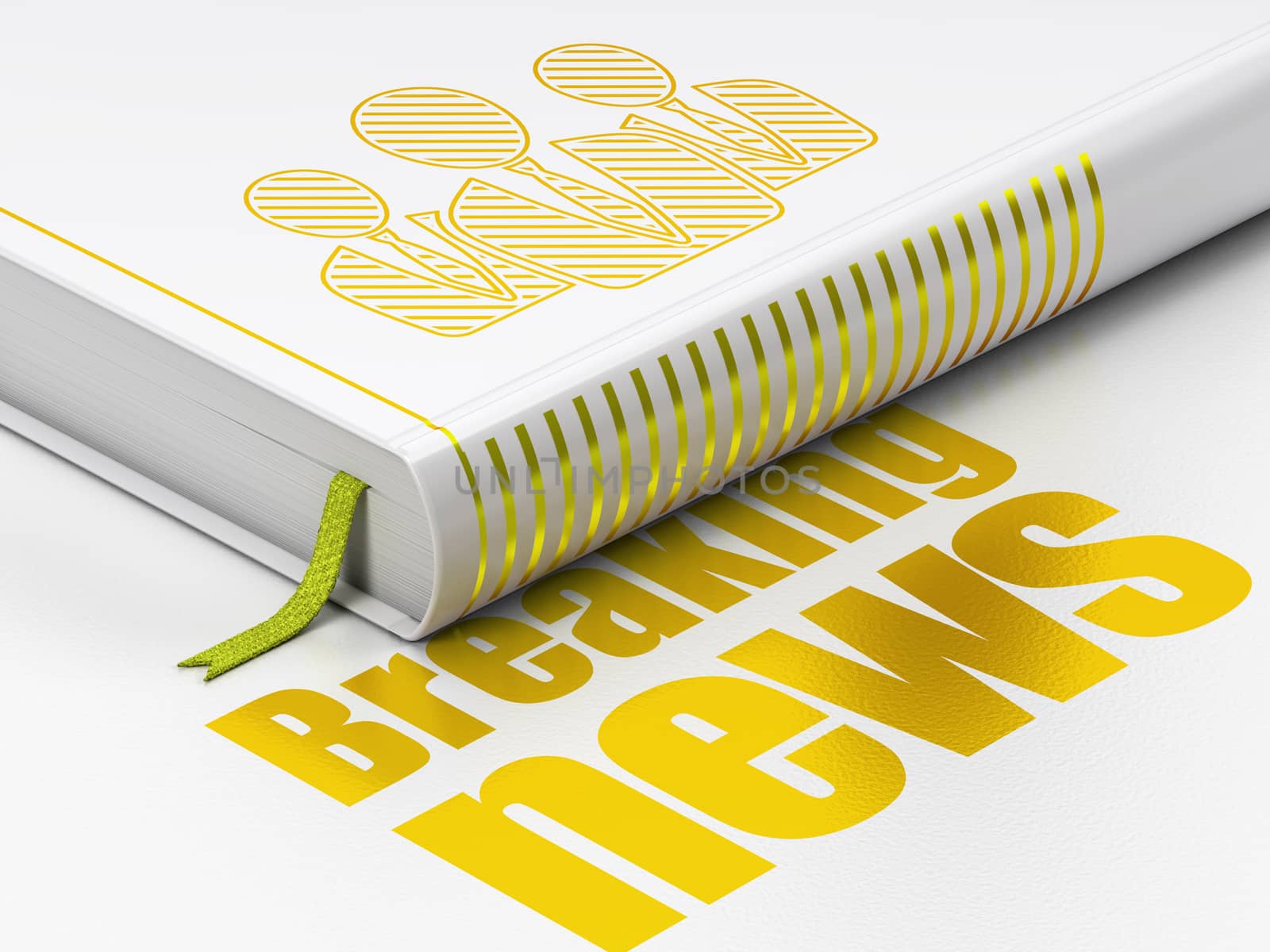 News concept: closed book with Gold Business People icon and text Breaking News on floor, white background, 3D rendering