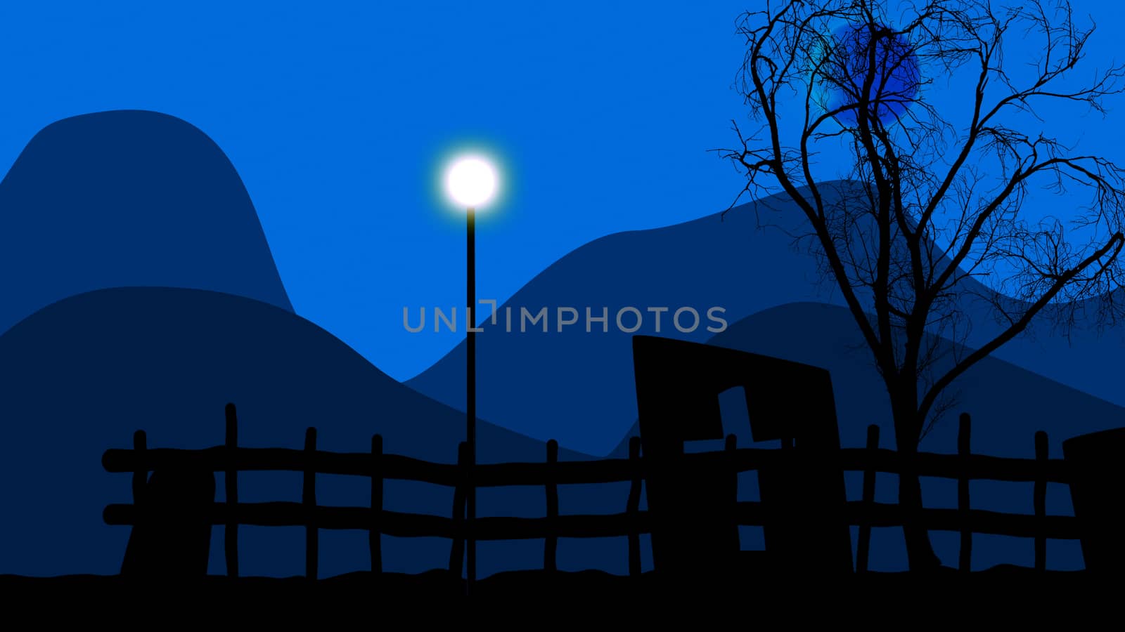 3d illustration of blue sky and blue mountains and a tree and a lamppost on a graveyard.