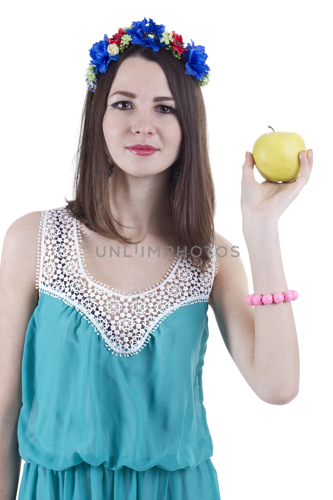 Pretty woman with an apple in his hand on a white background
