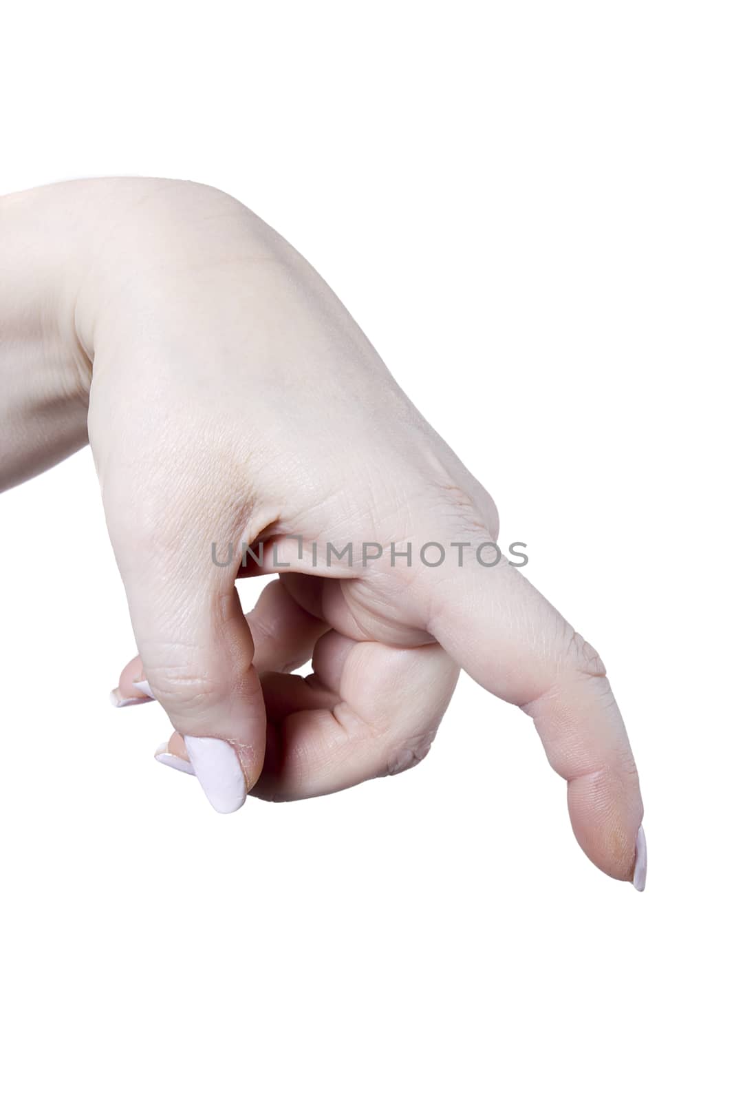 Female forefinger pointing at something. Isolated on a white background.